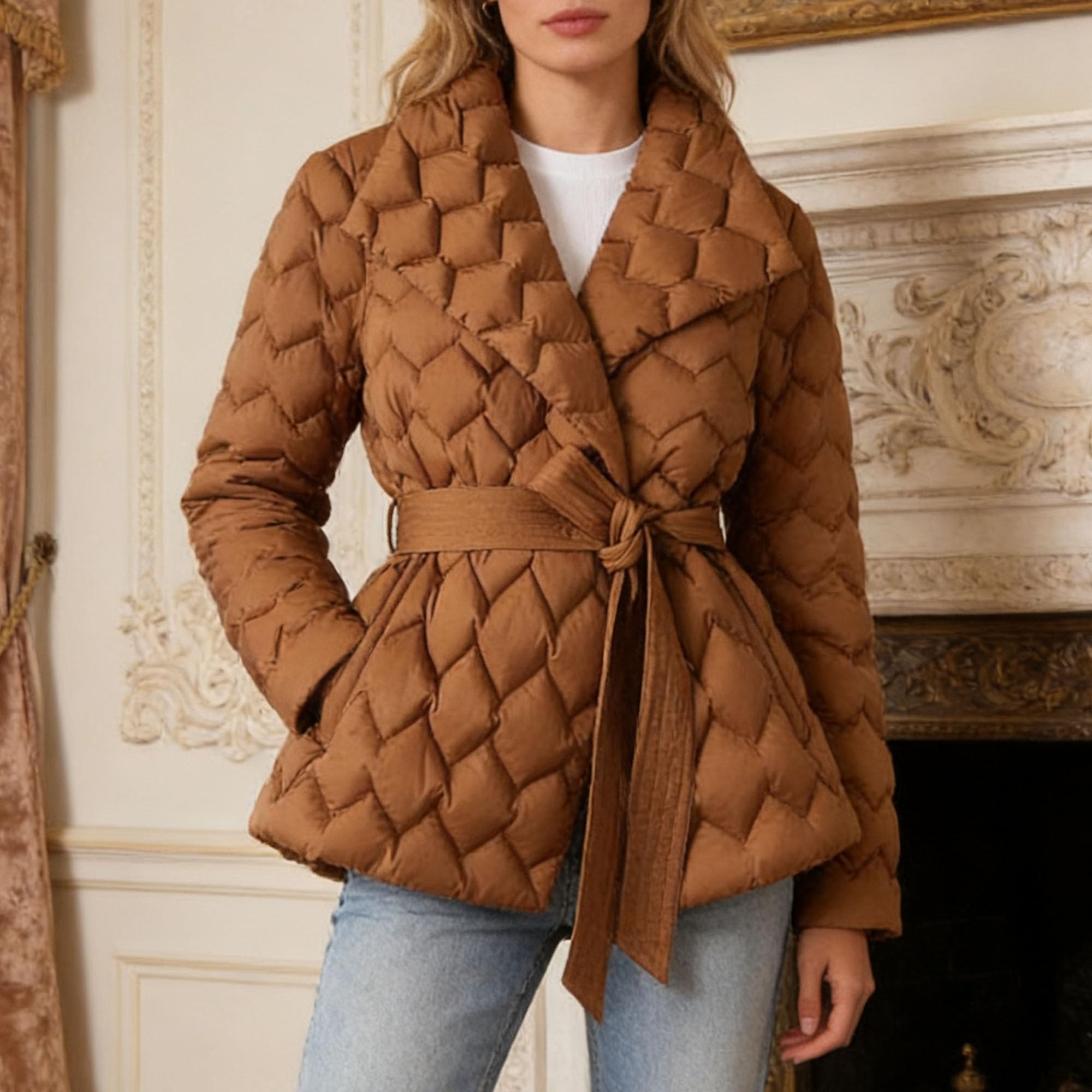 Piumino da donna trapuntato leggero con risvolto in vita elegante giacca imbottita in cotone classico invernale solido cappotto con cintura