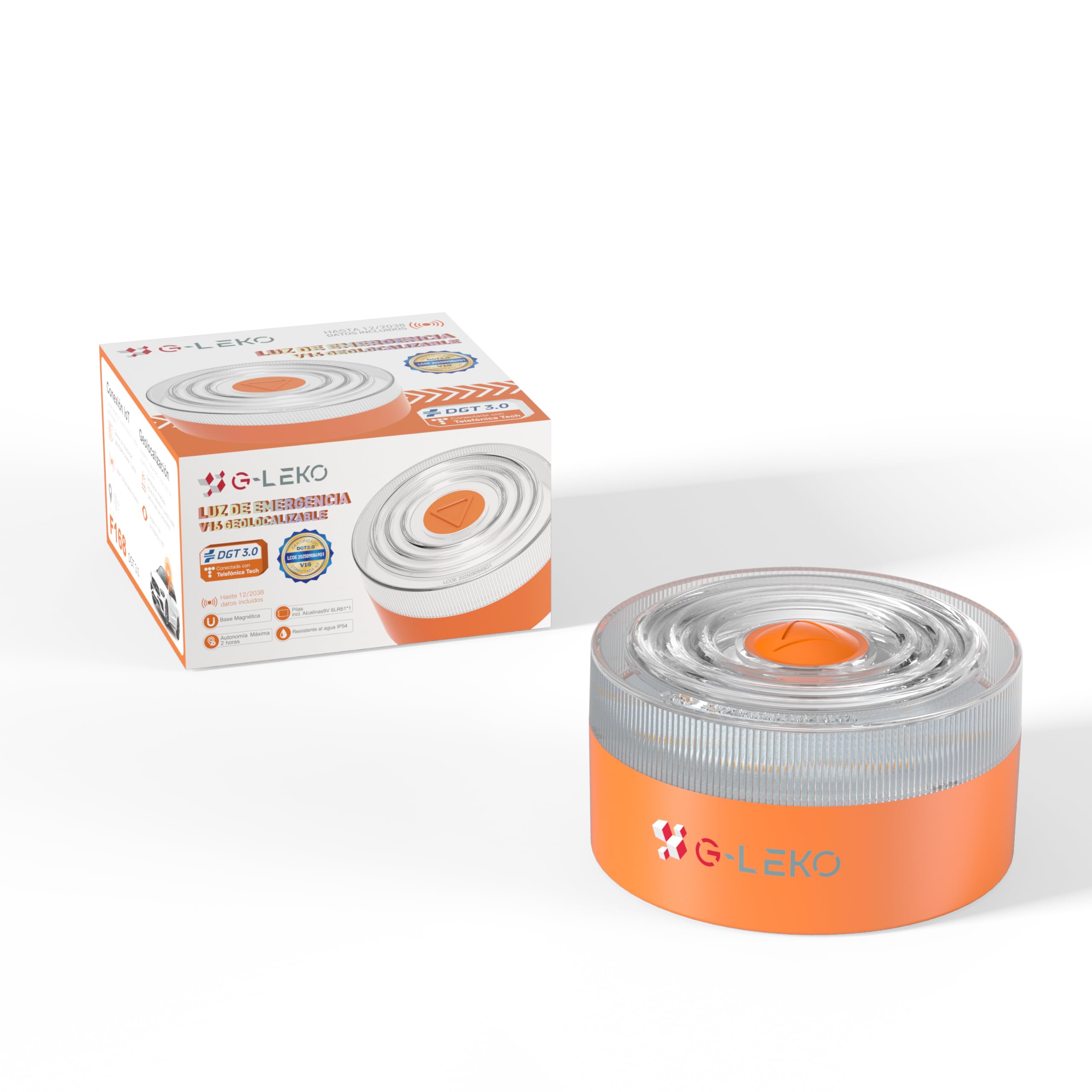 G-LEKO Luz Emergencia Baliza V16 HOMOLOGADA DGT 3.0 Obligatorio 2026. Geolocalización con Datos IncluÃdos hasta 2038. Señal V-16 Luz LED Mayor Visibilidad >1km y 360° con Base Imantada IP54 *1u