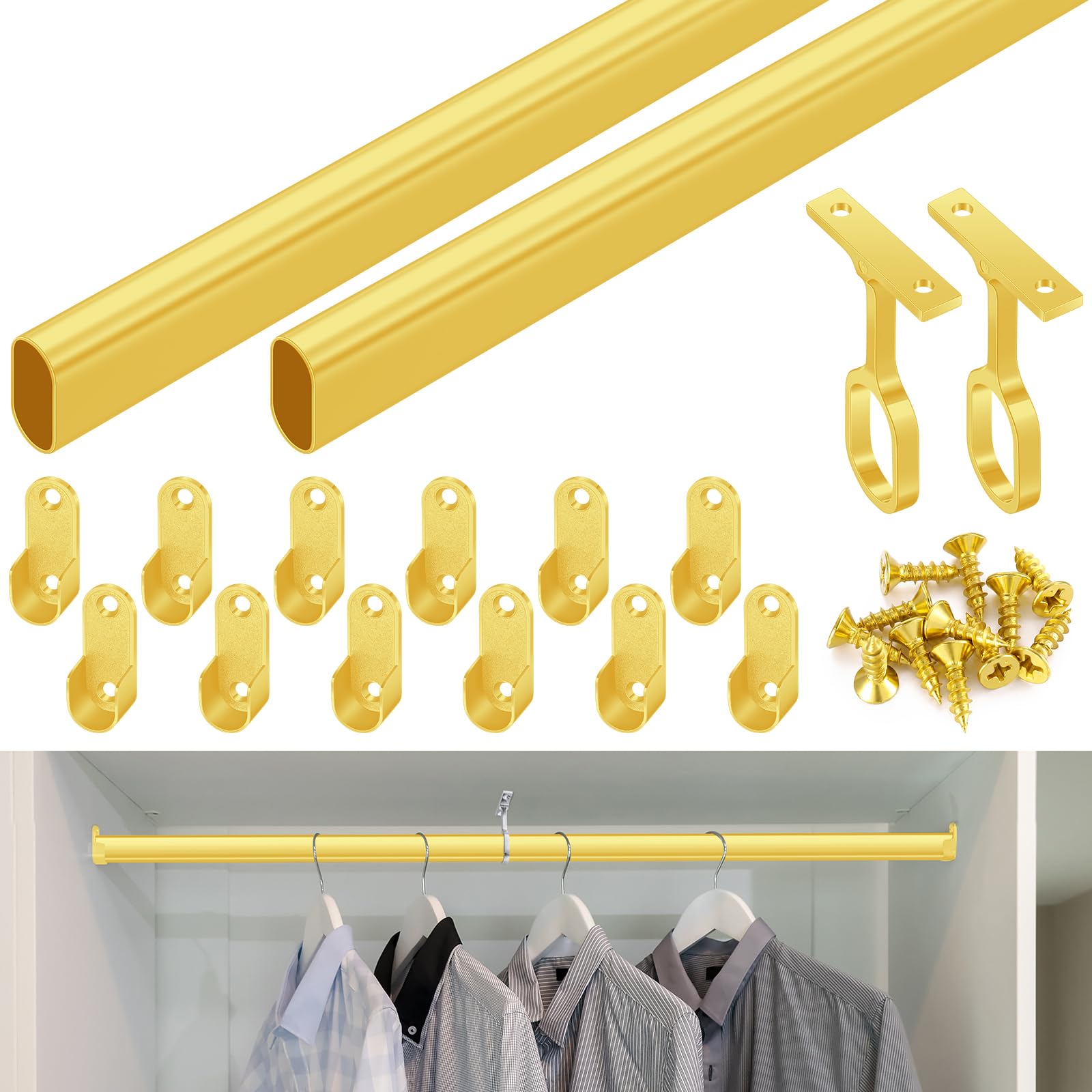Photo 1 of Tandefio 2 Sets Closet Rod Kit with End Caps and Center Support,Gold