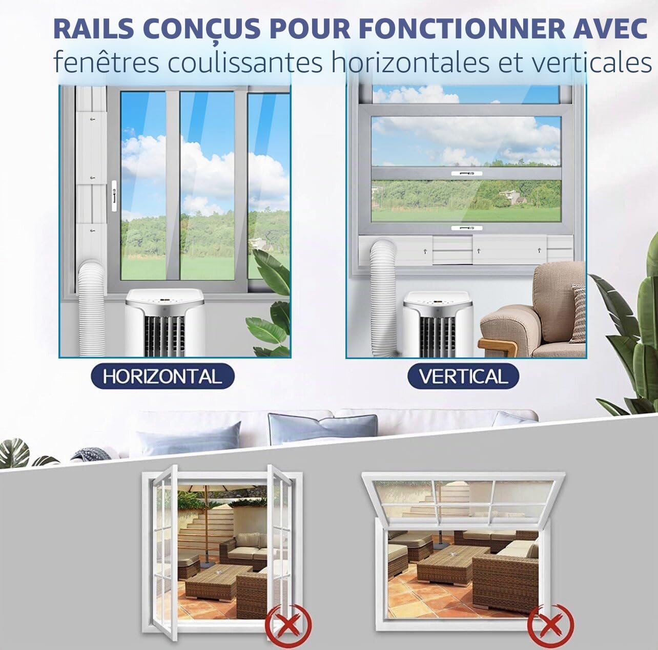 Kit d'évent de fenêtre de climatiseur - pour Tuyau d'évacuation de 13cm et 15cm, pour fenêtre Verticale et Horizontale de 43-140cm, Adaptateur de Tuyau d'évent de climatiseur - sans Tuyau
