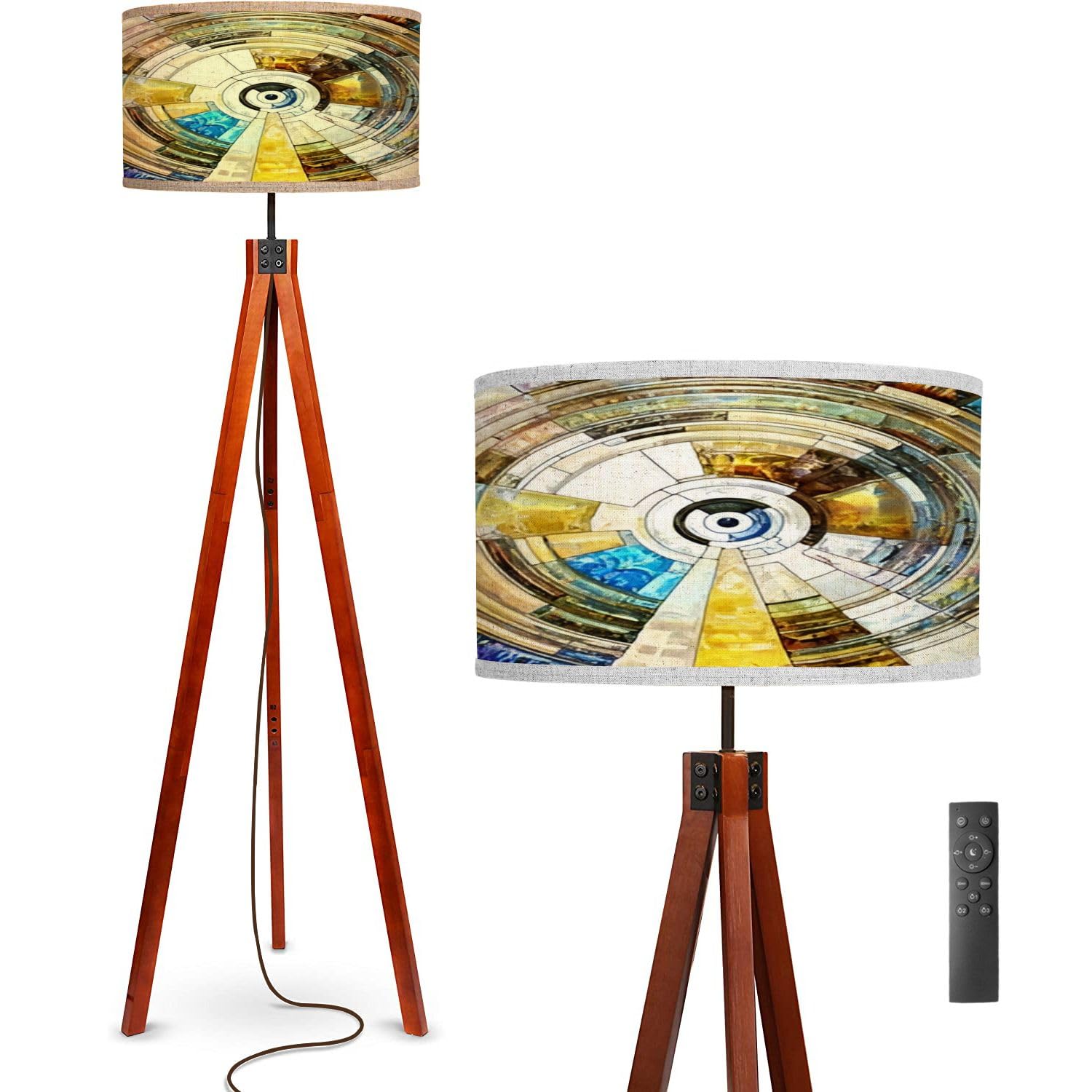 Floor Lamp Radial Design composed stained colorful detailed radiating pattern Standing Lamp Solid Wood Legs Modern Tall Lamp Tripod Floor Lamp with Flaxen Shade for Living Room, Bedroom, Office