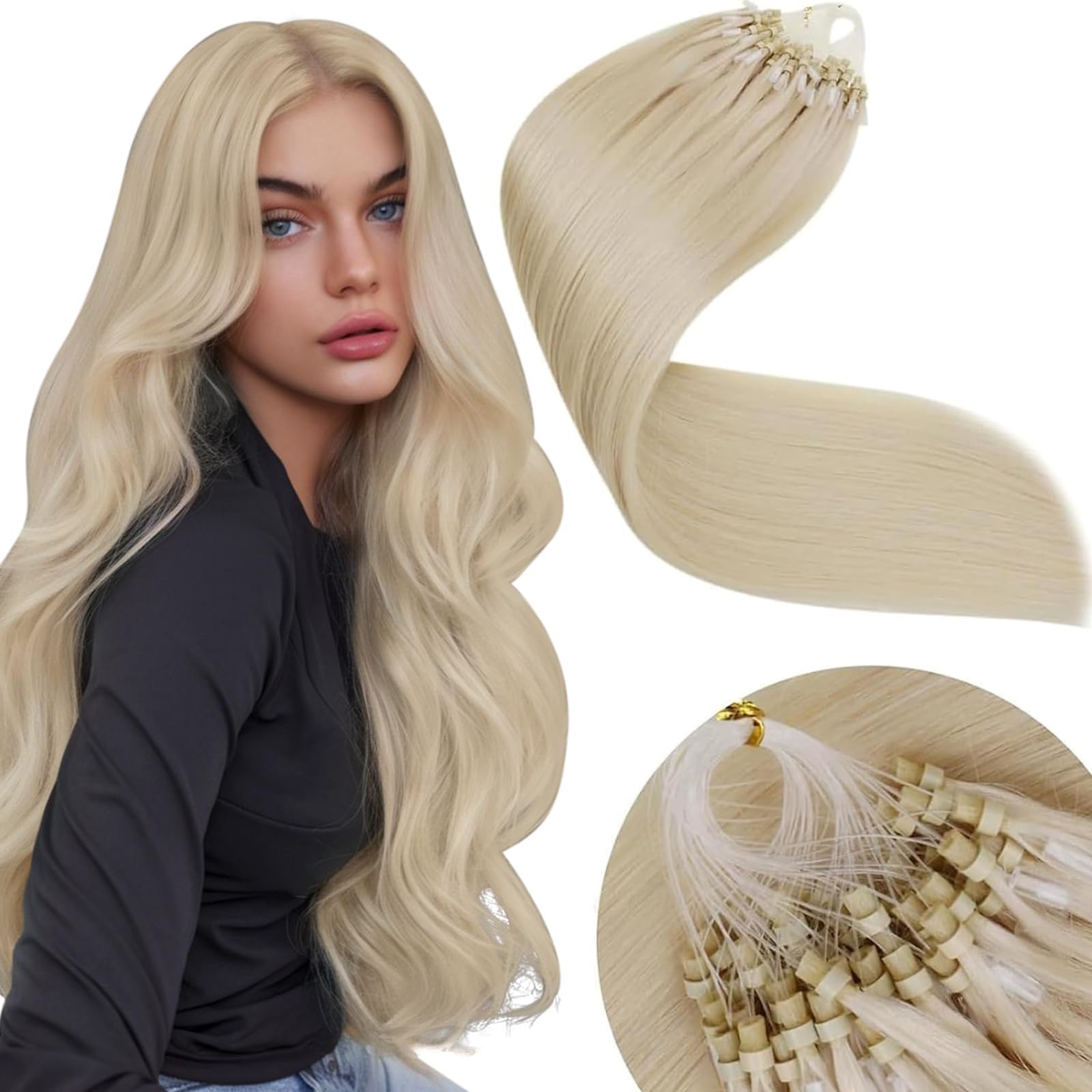 LaaVoo Micro Beads Hair Extensions Real Human Blonde Remy Straight Platinum Blonde Invisible Micro Loop Hair Extensions 50g 50s 14 Inch #613