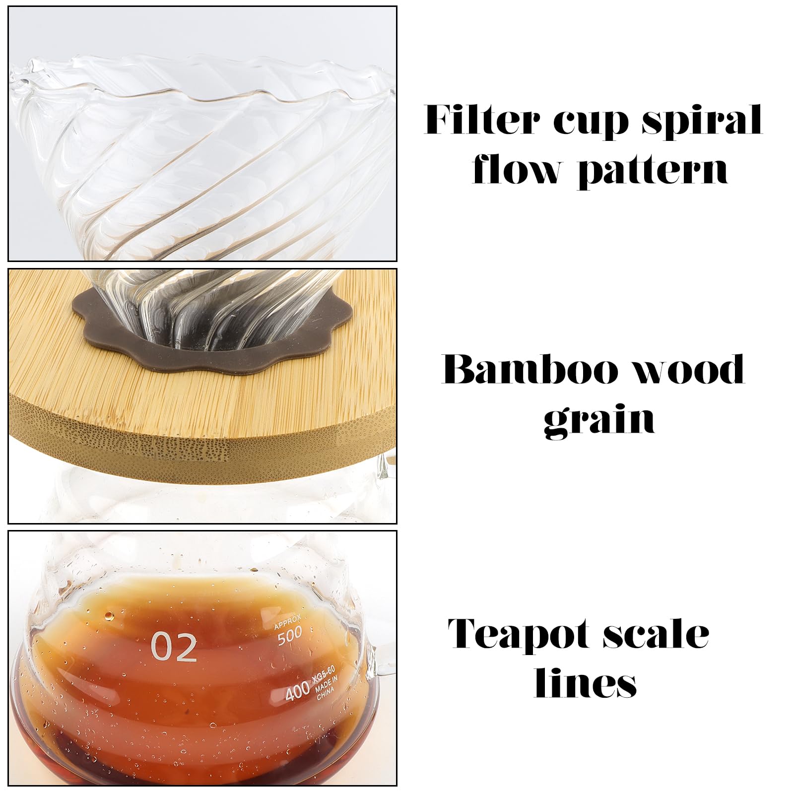 Ensemble de Café Filtré à la Main avec Carafe en Verre & Filtre en Bois Carafe à Main en Borosilicate 600ml avec Filtre V02 Support en Bambou & Coussinet en Silicone incl. 50 Filtres en Papier
