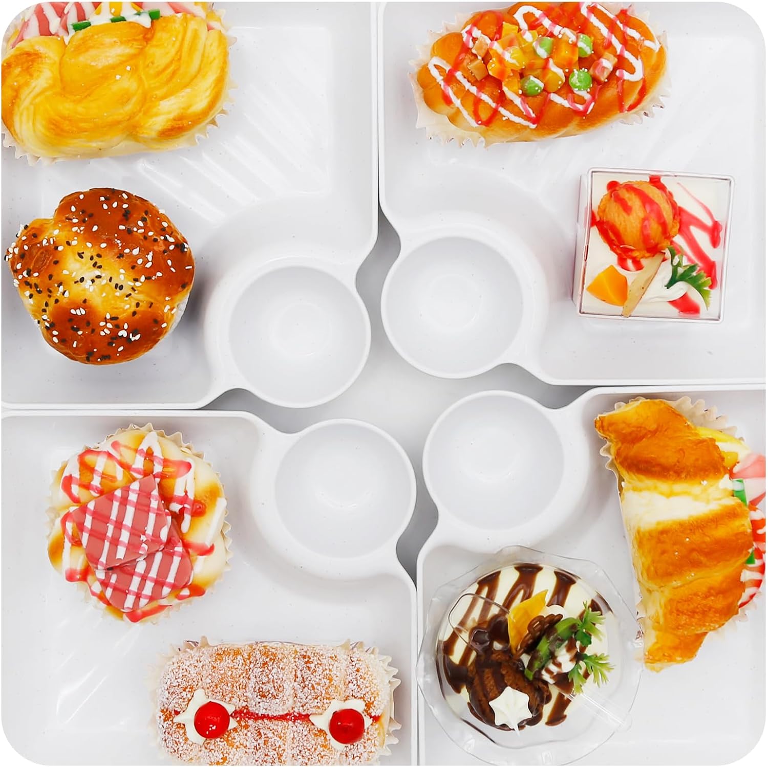 4 Pcs Split Party Platter Chips and Dip Serving Dish (5.9"x5.9") Serving Trays for Entertaining with Sauce Holder for Salad Dumpling (White)