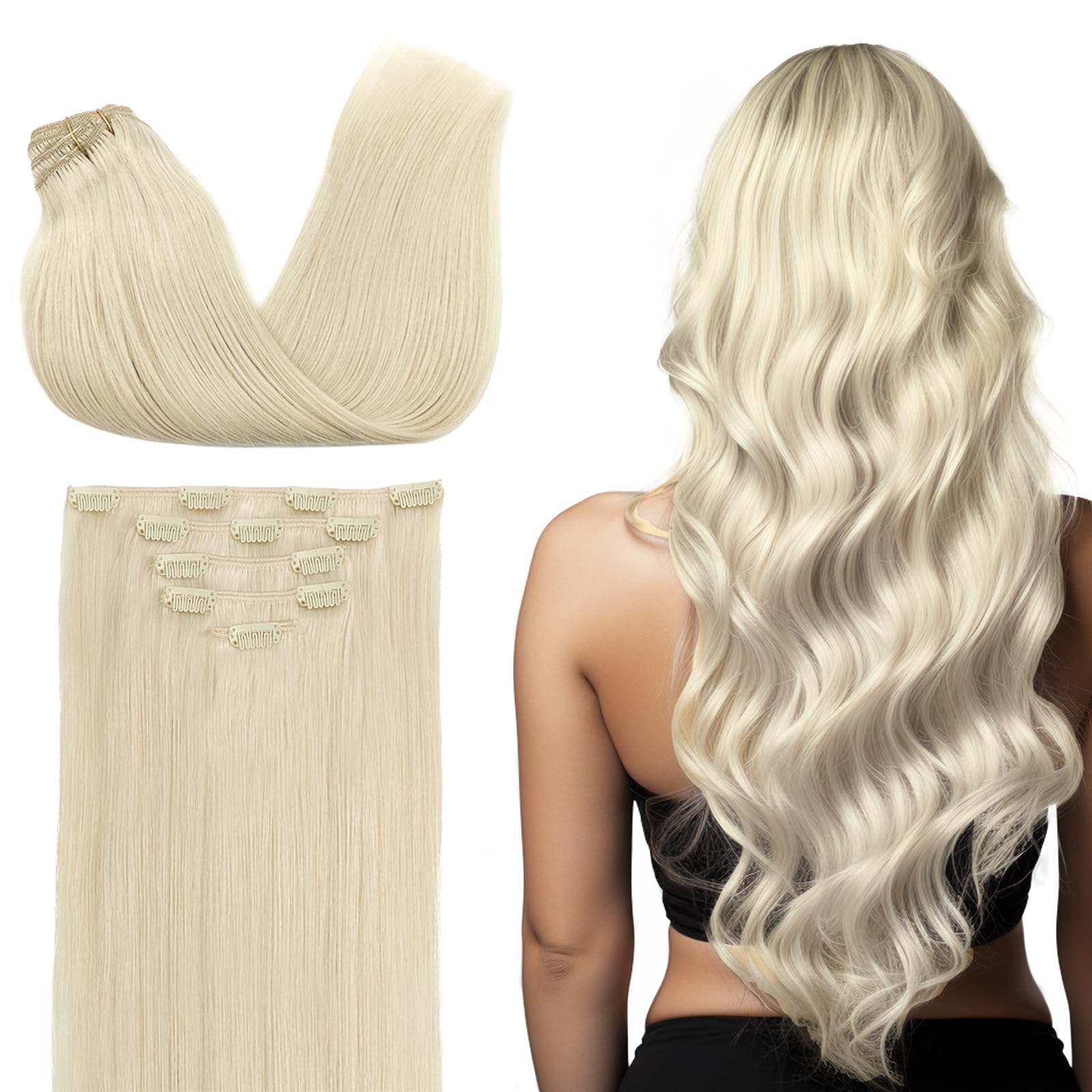 DOORES Hair Extensions Clip in Human Hair, 85g 5pcs Platinum Blonde 22 Inch Remy Clip in Human Hair Extensions Natural Straight