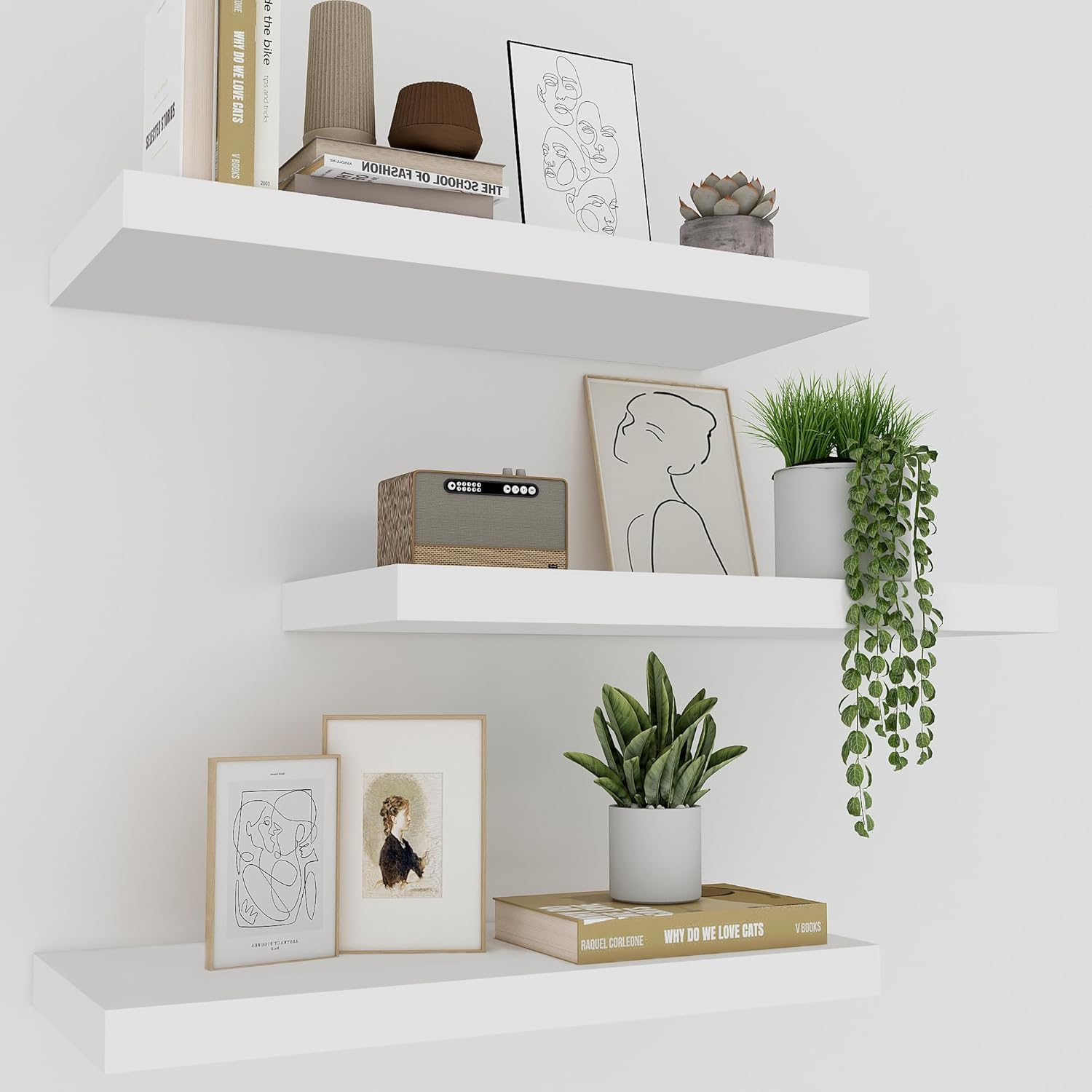 White Floating Shelves for Wall Set of 3, 16" White Shelves for Home Decor, Frame Display Wall Mounted Floating Shelf for Living Room, Bedroom, Bathroom, Kitchen 16 Inch White