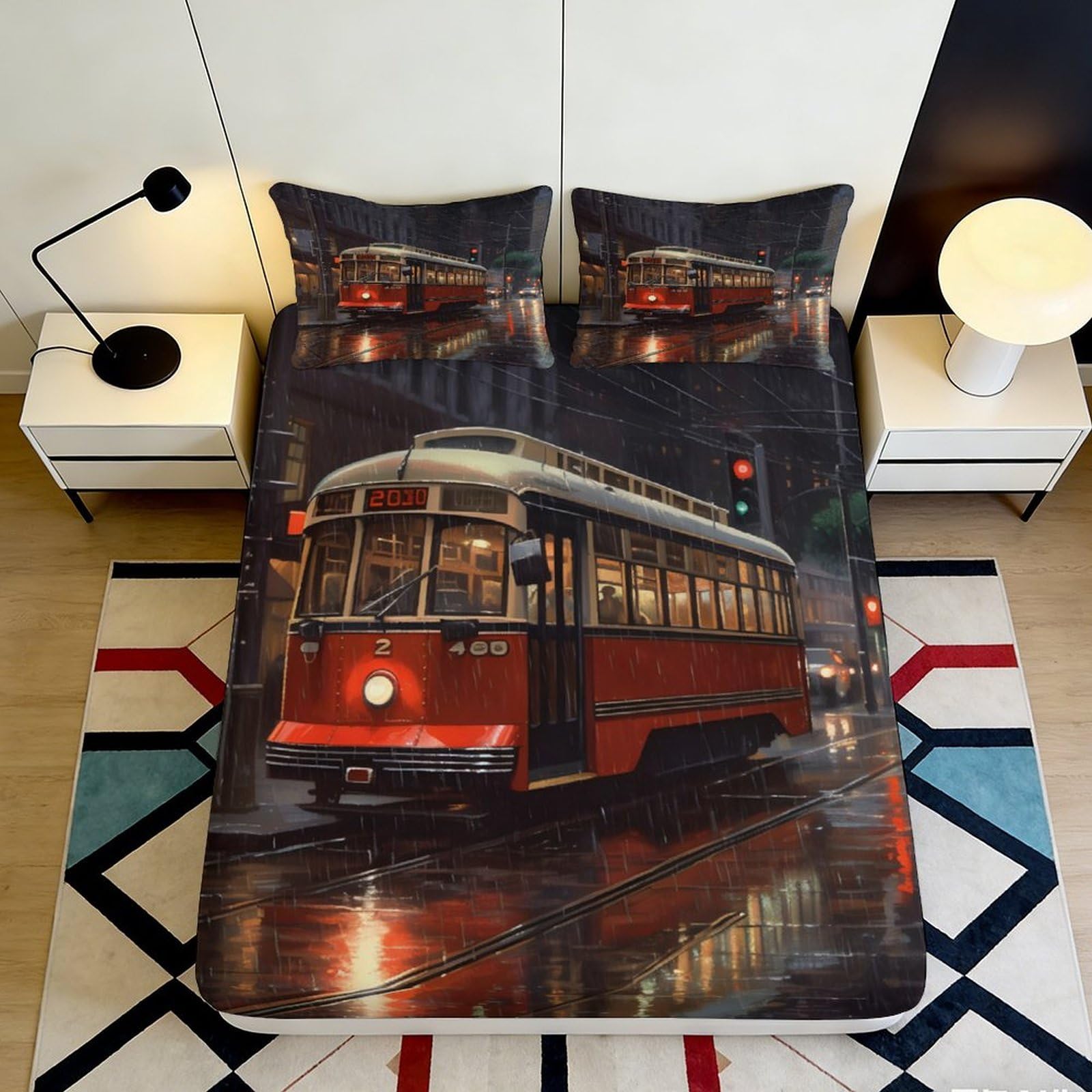 Uxinyoume Style-9 3D Printed Vintage Tram Fitted Sheet Microfiber Soft Breathable Night City Mattress Cover For Bedroom Dorm Decor 90X200x25cm