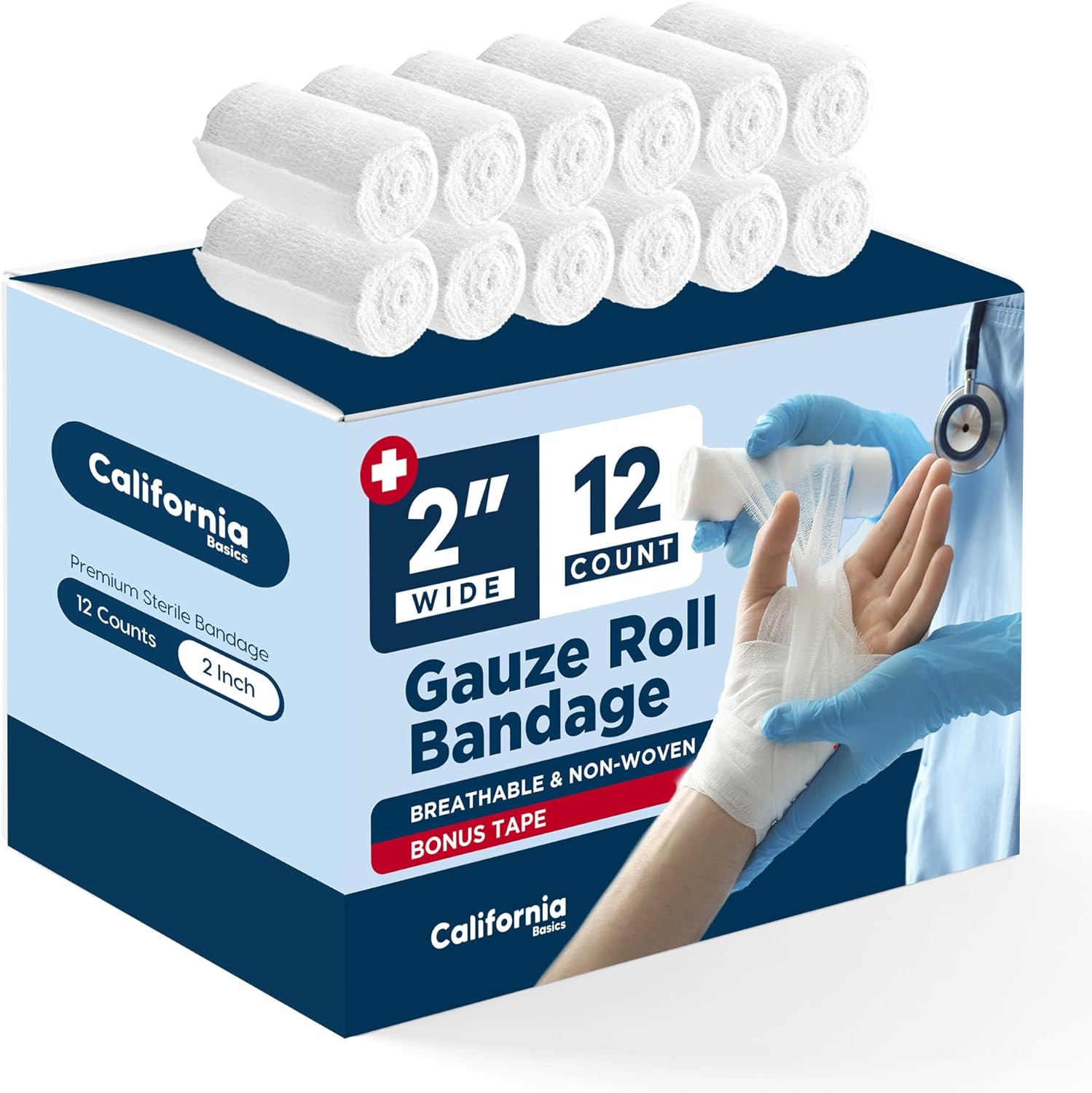 California Basics 12-Pack Gauze Bandage Roll with Tape, 2 Inches x 4 Yards – Soft, Stretchable & Breathable Wrap for Wound Care, First Aid & Medical Supplies – White