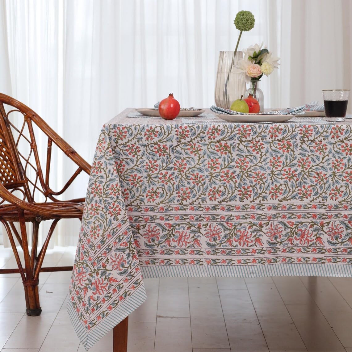 tovaglia in cotone rettangolare, 152.4x228.6 centimetro stampa a blocchi floreali, copertura per tavolo per uso interno ed esterno, sovrapposizione per tavolo farmhouse (multicolore)