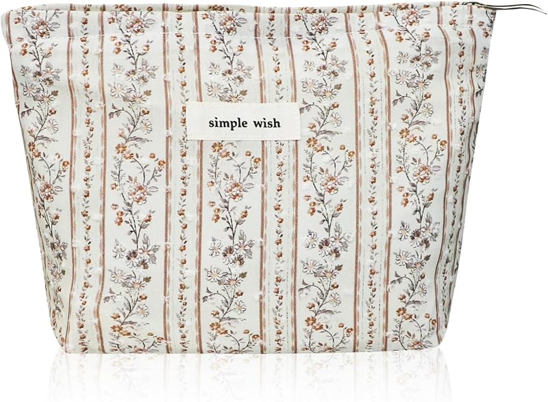 Necessaire de maquiagem Wudygirl em lona com zíper, floral listrada, 20,98 x 17 x 1,27 cm