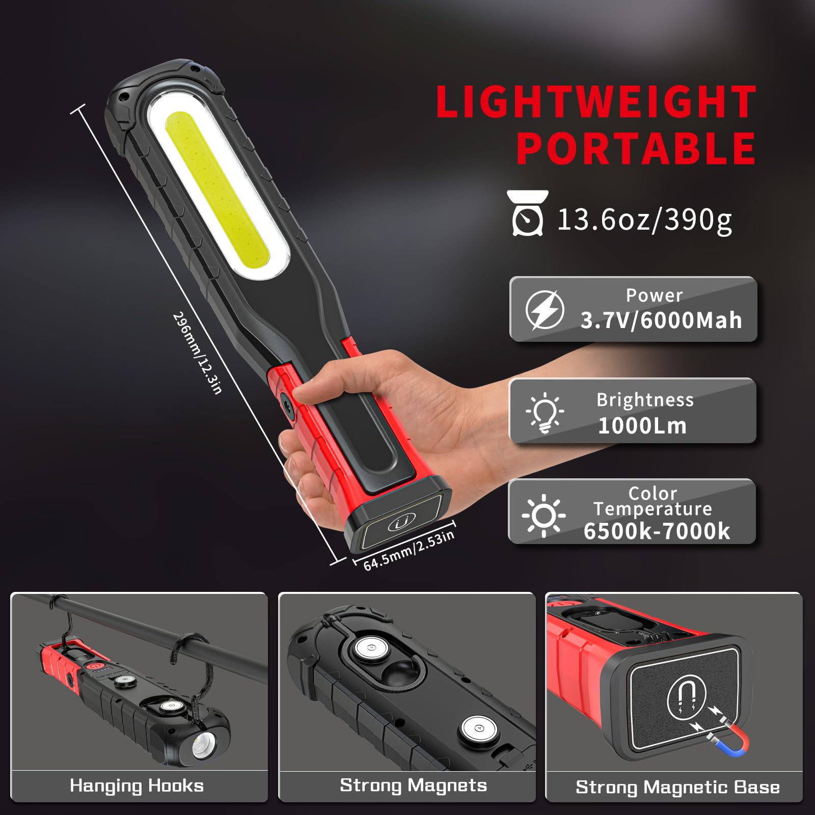 Lampe de Travail Rechargeable Puissante, 6000 mAh Lampe d'inspection avec Fonction Pivotante Pied Magnétique et Crochets, 5 Modes Lampe Mecanicien pour Garage Camping
