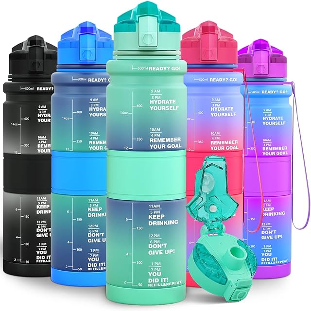 Lunidry Sports Water Bottle, 1l/500ml Motivational Water Bottle Kids, BPA Free Leakproof Reusable Drink Bottles with Times to Drink & Lock Cover & Fruit Infuser, for Gym, School, Running, Cycling