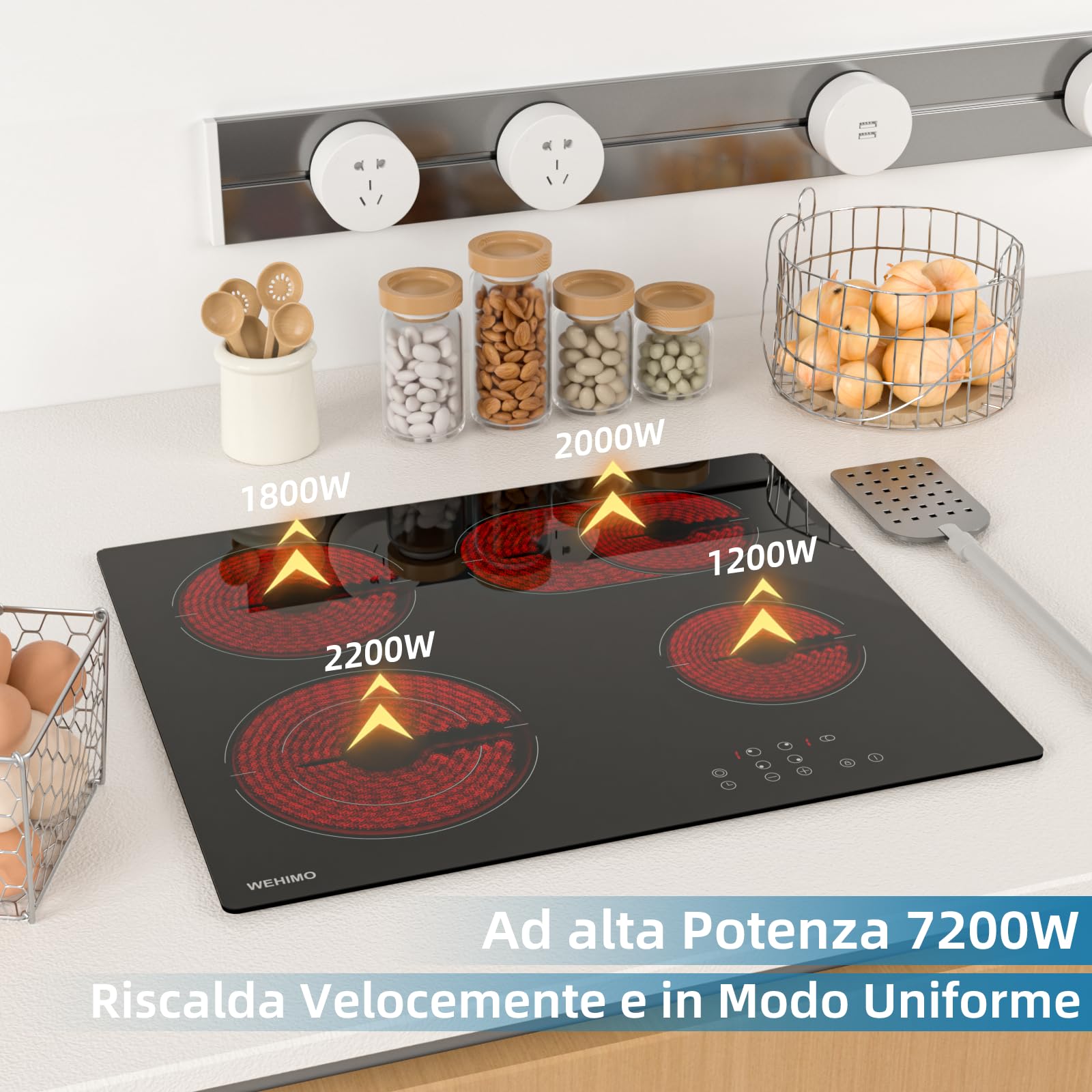 WEHIMO Piano Cottura Elettrico 4 Fuochi, 7200W, Piano Vetroceramica, Drehknopfsteuerung, 9 Livelli di Riscaldamento, Timer, Blocco di Sicurezza per Bambini, Adatto a Tutte le Pentole - 2