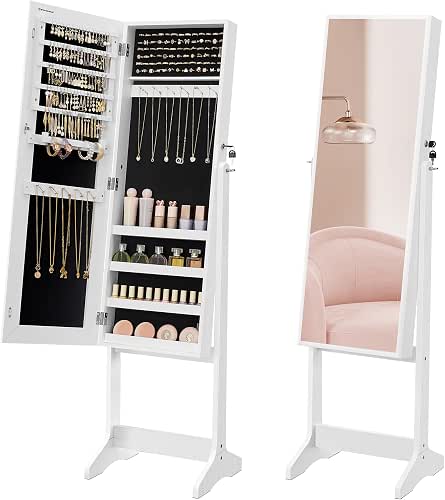 SONGMICS Mirror Jewelry Cabinet Armoire, Standing Full-Length Mirror, Lockable Jewelry