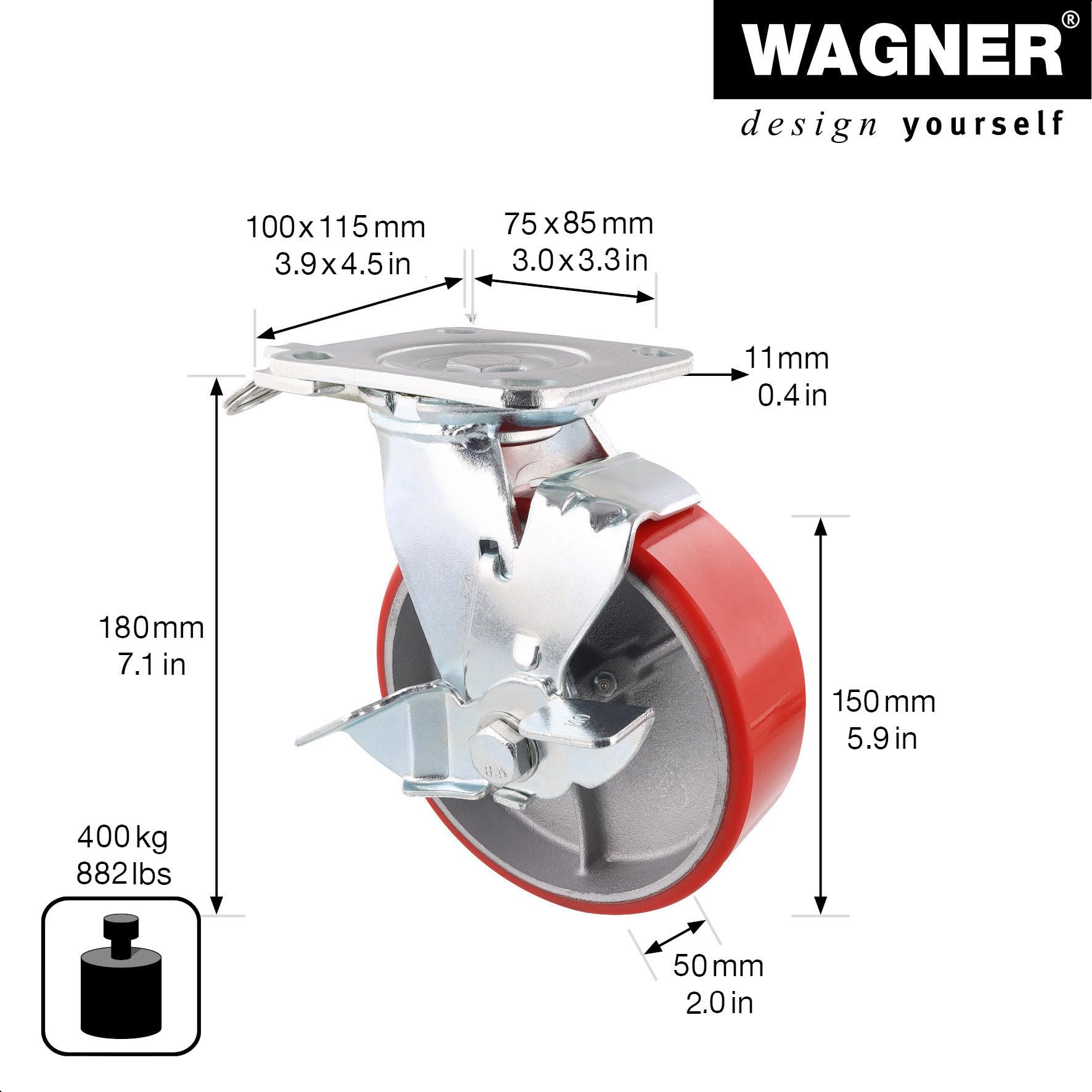 WAGNER Profi Schwerlastrolle - DIRECTION LOCK 3in1 - Lenkrolle & Bockrolle, Gusseisen- silber/rot, Softlauffläche, 2 Einspritzdüsen, Feststeller, Ø 150 mm, Höhe 155 mm, Tragkraft 400 kg - 04011501 | Tragkraft 400 kg, Rad-Ø x Breite 152 x 50 mm