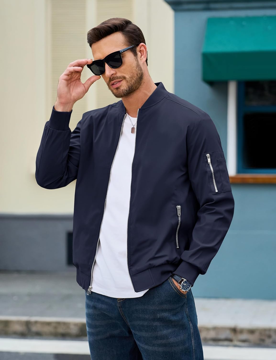 MAGCOMSEN Bomber Jacket Men Lightweight Jackets for Men Full Zip Up Bomber Light Coat with Pocket Casual Jacket Navy,M - Image 3