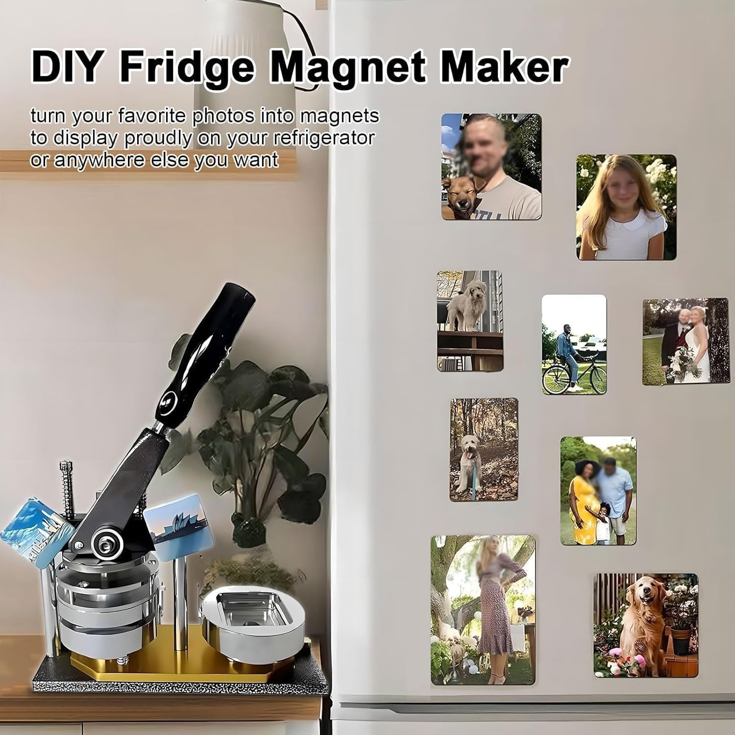 Magnes Maker Maszyna do robienia magnesów fotograficznych, DIY Magnesy na lodówkę Maszyna do robienia pinów, ze 100 zestawami materiałów eksploatacyjnych + maszyna do cięcia papieru, maszyna do