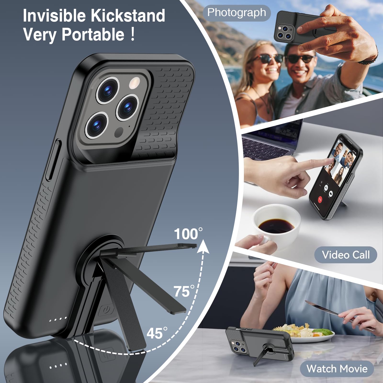 BOPPS Funda de carga de batería para iPhone 13 Pro Max/14 Pro Max/14 Plus【con soporte y Carplay】 8000 mAh, portátil, recargable, fuerte, funda de carga extendida para iPhone, color negro