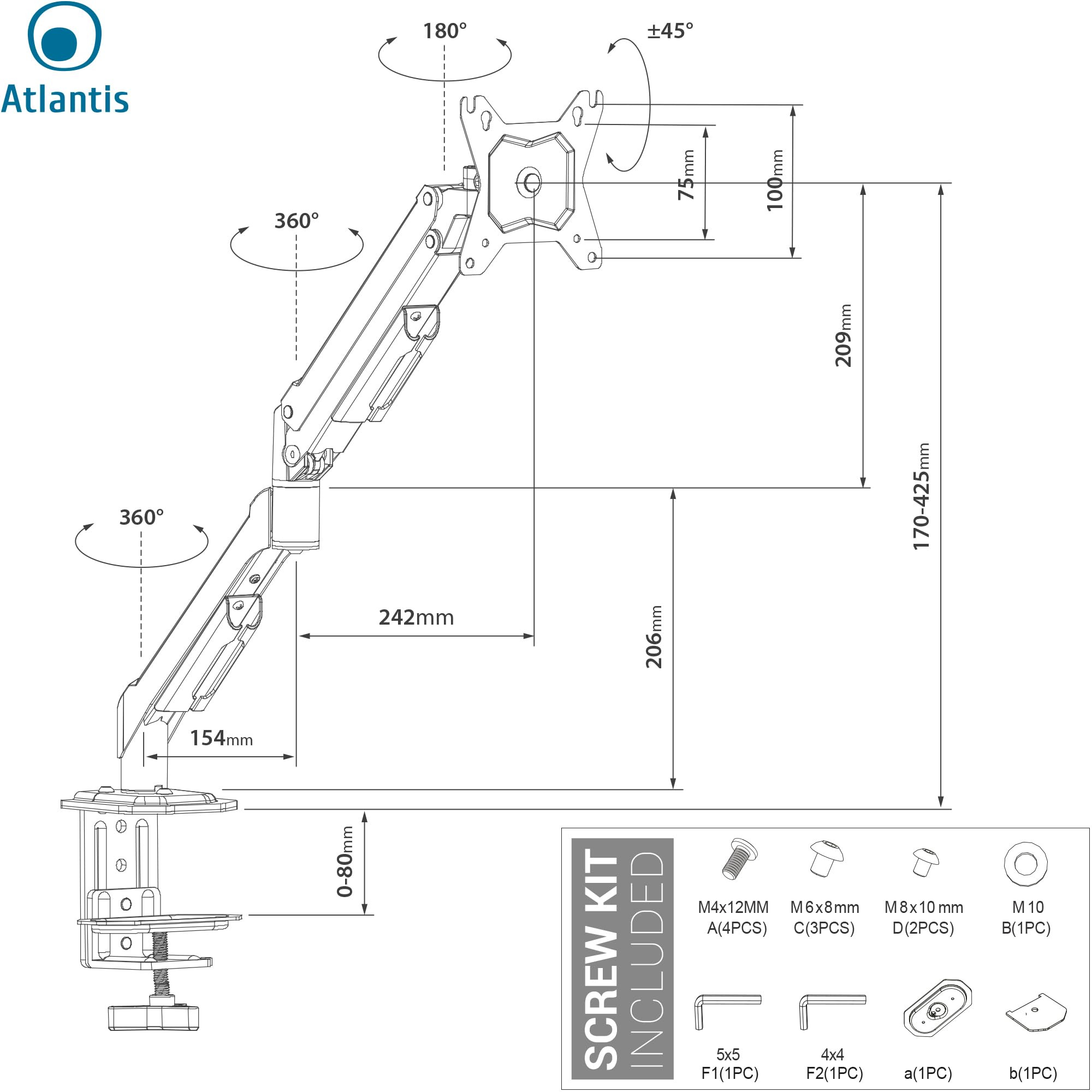 Atlantis P022-D306ASN GAS Lift Supporto e Braccio per Monitor PC singolo da 13" a 32",Max 8Kg. Altezza regolabile, snodabile. Inclinaz +/- 45°, Pivot +/- 180°, Rotaz 360° e Giro 180°. Vesa 75/100.