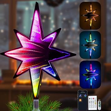Smart Christmas Tree Topper Infinity Mirror Double-Sided, 11" RGB Star Tree Topper, Timer, App Control, USB Powered, Music Sync, Tree Topper for Indoor Party Holiday Decor