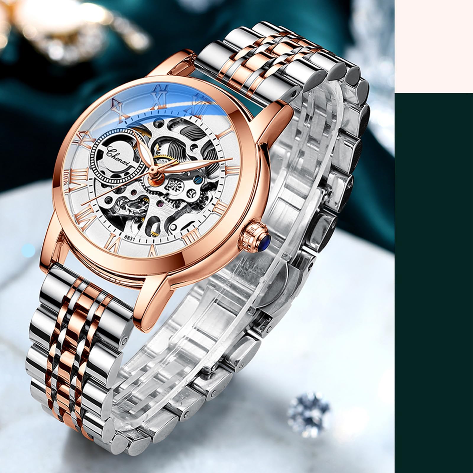 FORSINING Automatische mechanische Damenuhr, rotgoldenes Edelstahlband, luxuriöses Skelett-Zifferblatt, elegante Damen-Armbanduhr