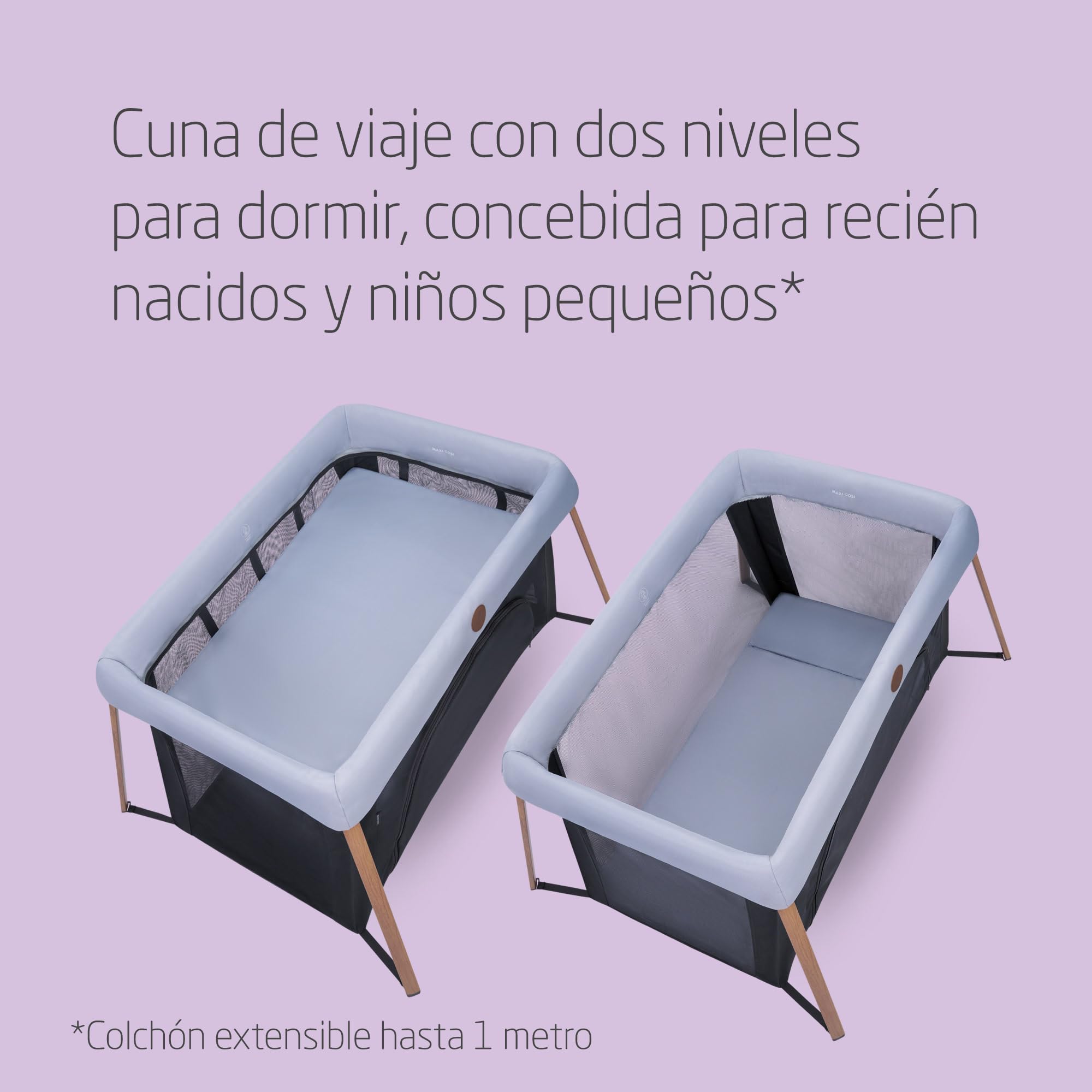 Maxi-Cosi Iris2, 2 en 1 Cuna de Viaje Bebé, de 0 a 3 Años, 0-15 kg, Cuna Bebé, 2 Niveles para Dormir, Ventana Lateral de Entrada, Ligera y Plegable, Colchón Extensible, Eco Care, Essential Grey
