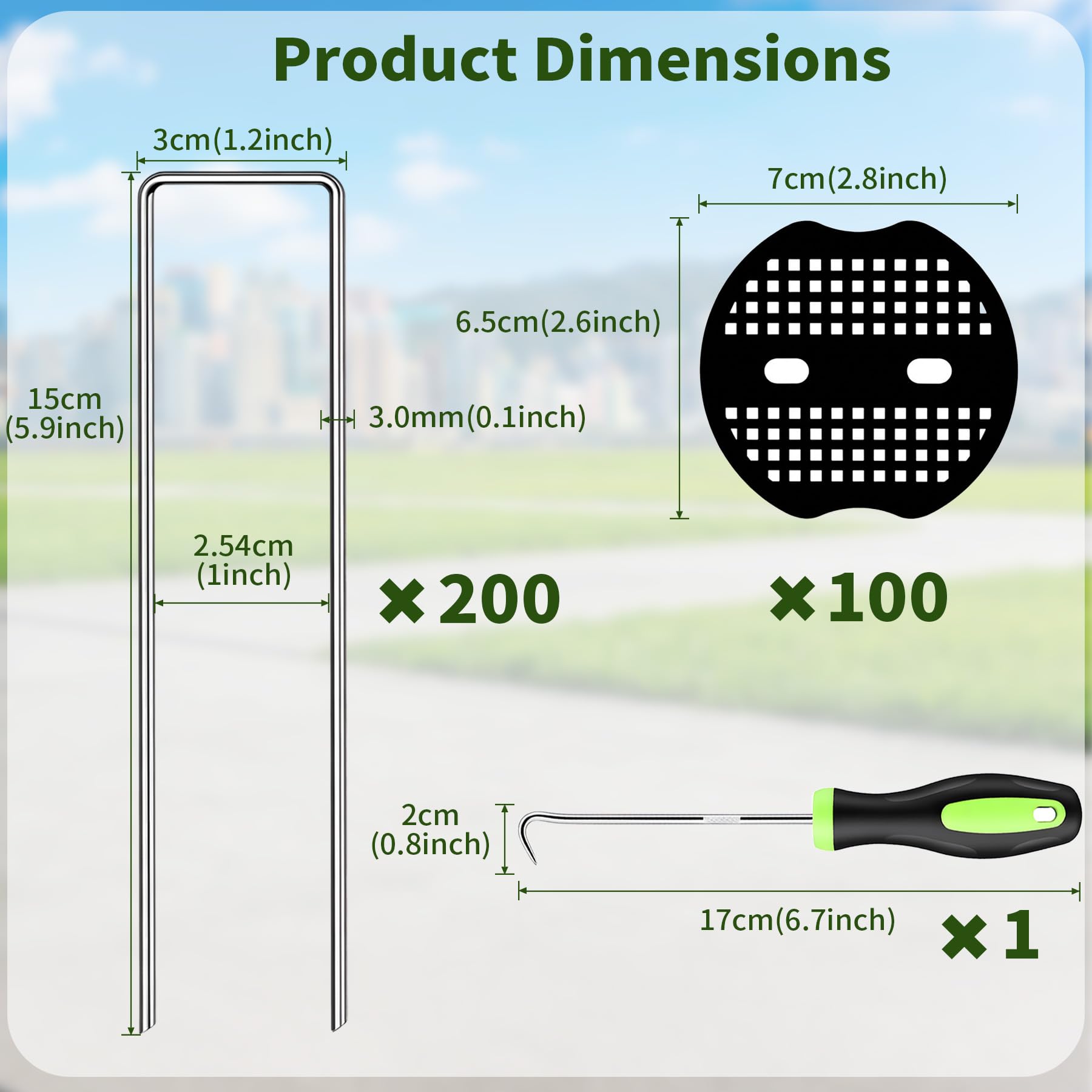 Lot de 200 Grapas en Forma de U de Acero Galvanizado(150x30mm, Ø3mm), Piquetas de Jardín con 100 Arandelas y 1 Gancho Extractor para Malla Antihierbas Césped Artificial Tuberías de Riego