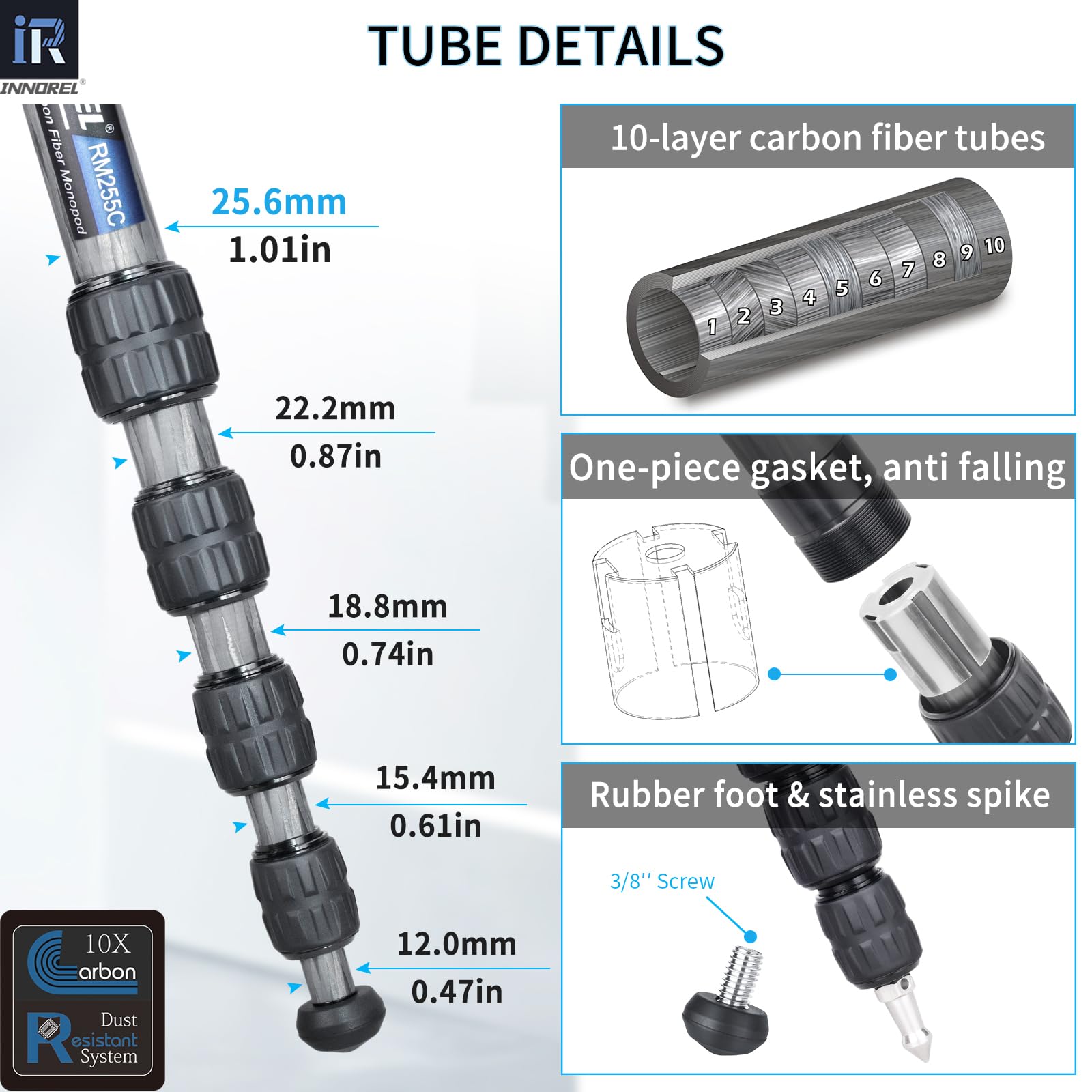 INNOREL RM255C Monopod z włókna węglowego Kompaktowy i lekki 5-sekcyjny monopod podróżny do Canon Nikon Sony DSLR Kamera DV Fotografia Wsparcie ładowania 7kg