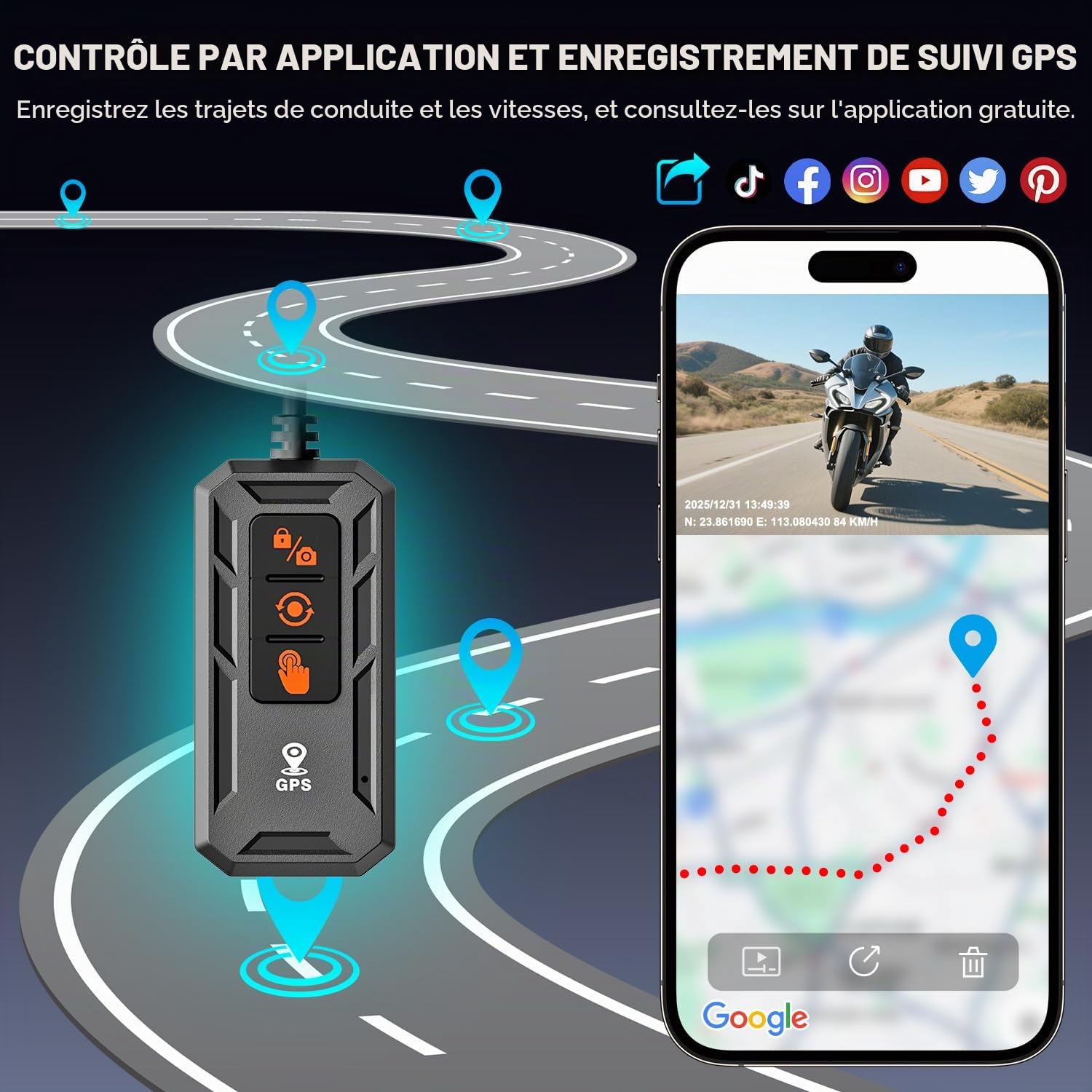 CarPlay Moto Android Auto avec Camera Étanche, 2K Dashcam Moto Avant et Arrière, Écran Tactile 6.25" avec GPS, TPMS, Télécommande, Carte TF 64 Go