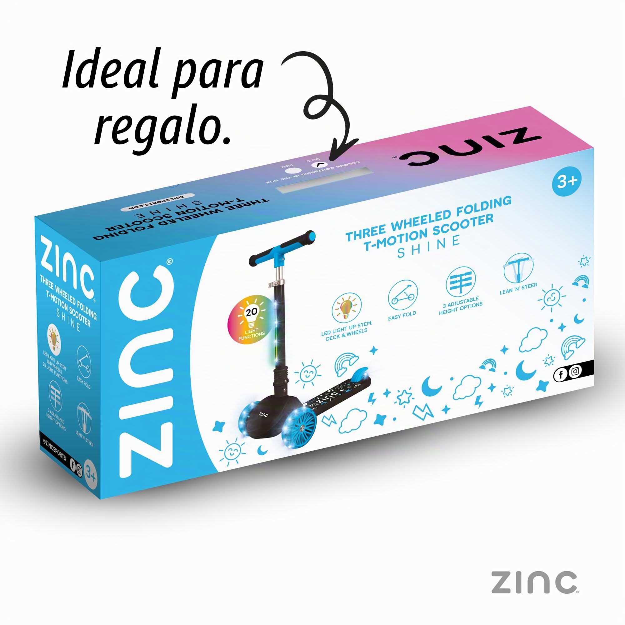 Zinc T-Motion Shine - Patinete para niños a partir de 3 años, plegable de tres ruedas para niños y niñas con cubierta y ruedas con luz LED, manubrio ajustable, controles de inclinación y dirección,