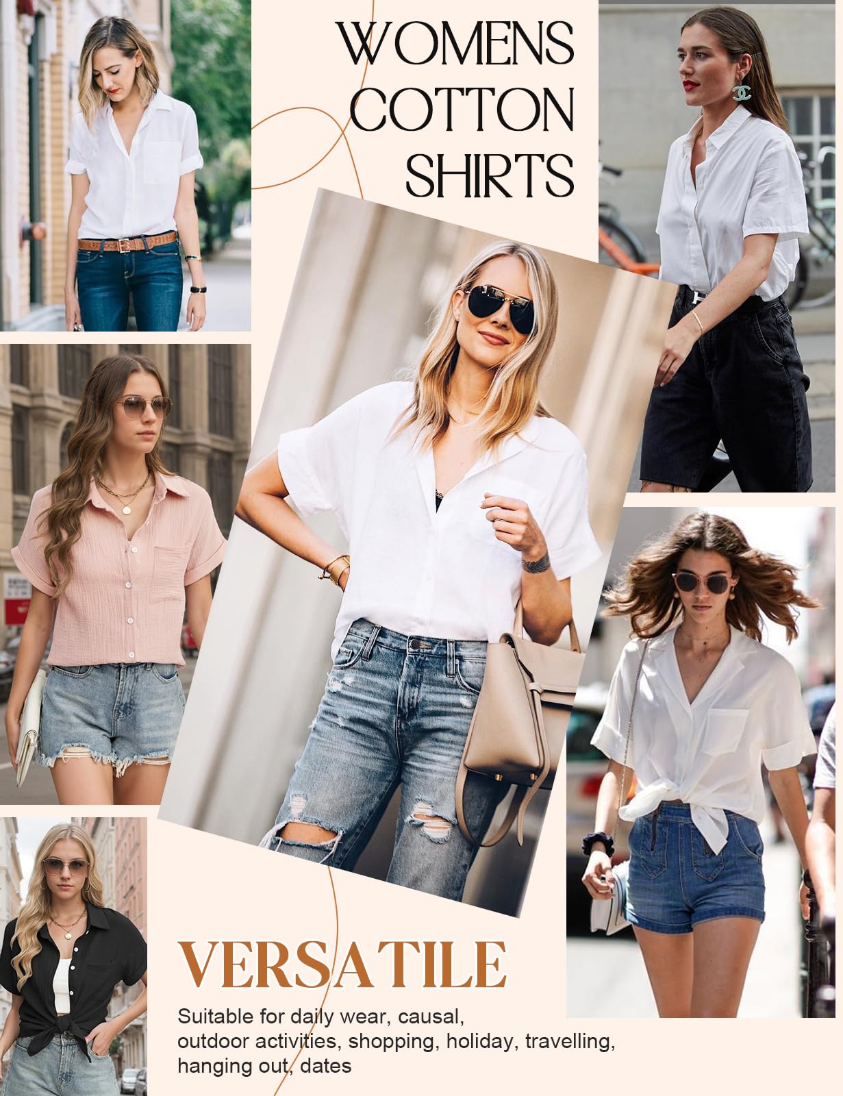 Bluzka damska na lato, elegancka, dekolt w serek, na guziki, na co dzień, bawełna, krótki rękaw, bluzka koszulowa, basic, revers, koszula, topy, tunika, topy