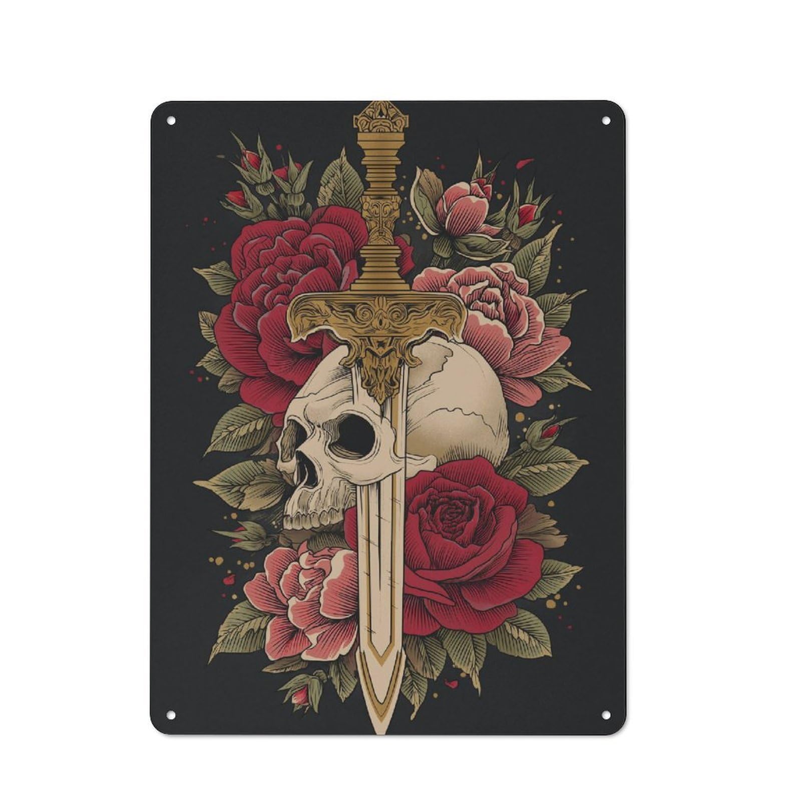 Junmoney Skull & Roses Dagger Art Vintage Metal Sign 40X30cm Featuring Home Bar Decor For Cafe, Pub, Workshop Or Home Bar
