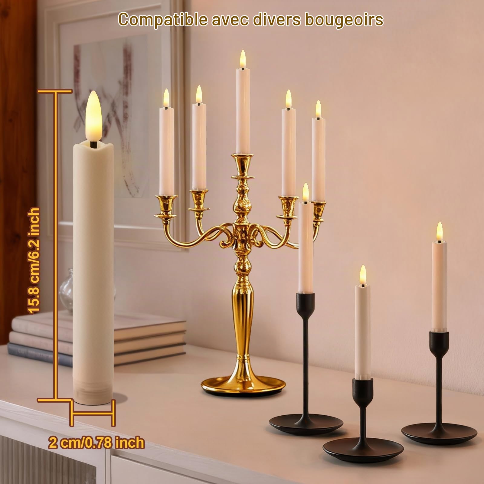 IMAGE Lot de 12 bougies coniques sans flamme avec télécommande, mèche 3D rechargeable, couleur ivoire avec minuterie, ligne de pêche de 100 m, décoration d'intérieur, mariage, anniversaire, Noël