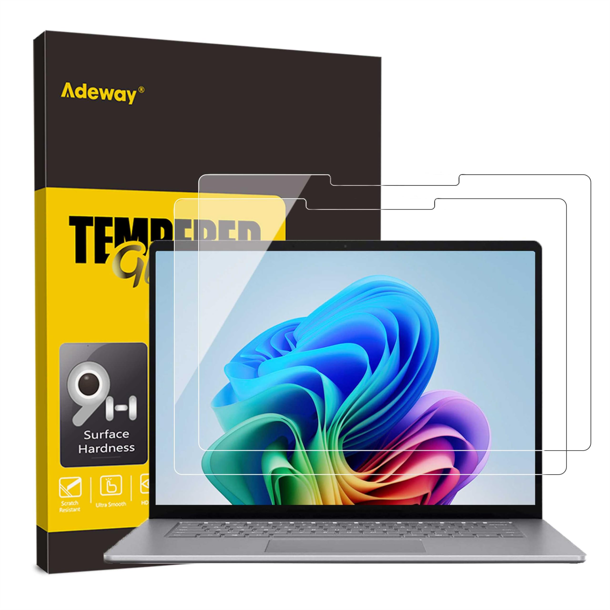 Adeway Protector de pantalla de vidrio templado Surface Laptop de 13" (2025), UltraGlass 9H+, resistente a arañazos, caídas, huellas dactilares, claridad HD, pack 2.