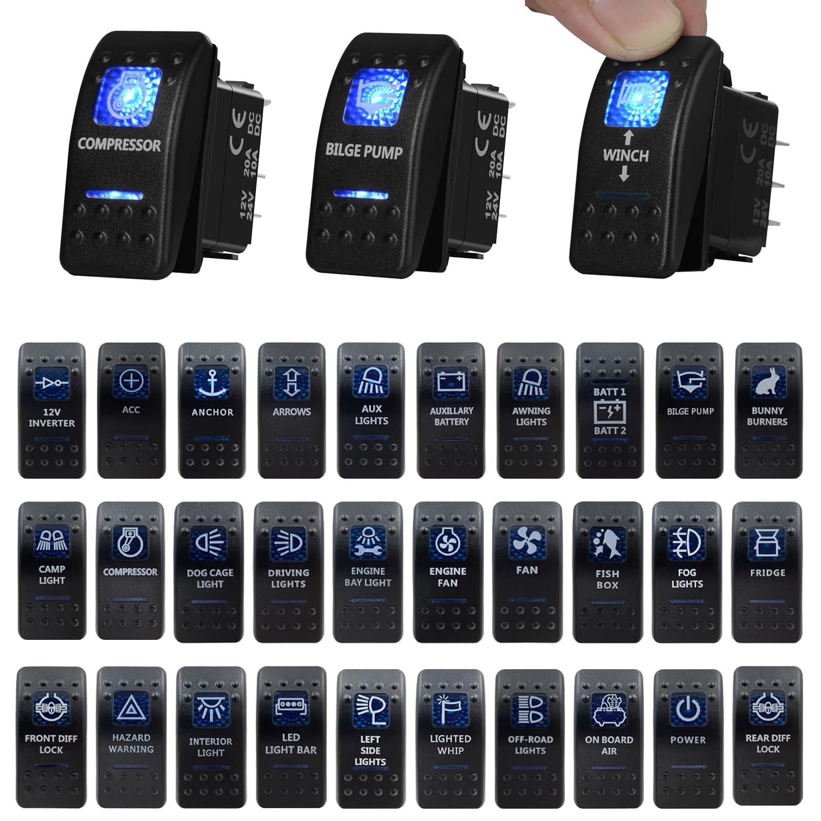 Pulsante interruttore a bilanciere LED blu 5 pin e 7 pin ON OFF ON for auto marine luci interne for barche parti accessori camper(Compressor)