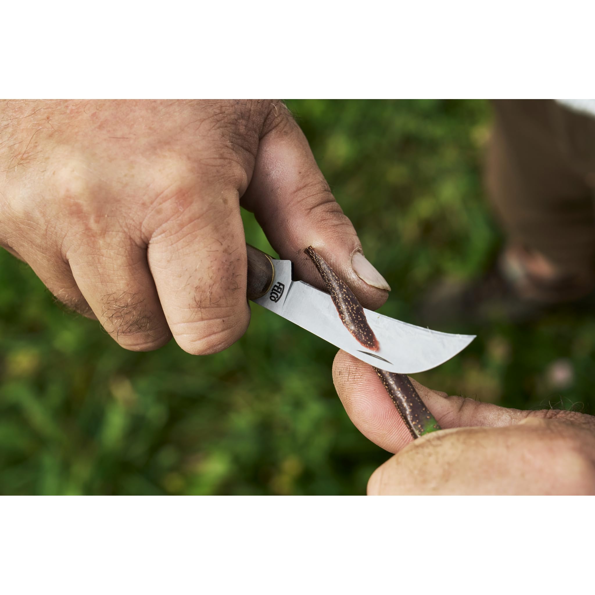 FELCO Couteau d'élagage et de greffage en acier au carbone Lame incurvée Manche en noyer américain Lame de 60 mm Rivets en laiton Doublure intérieure en laiton