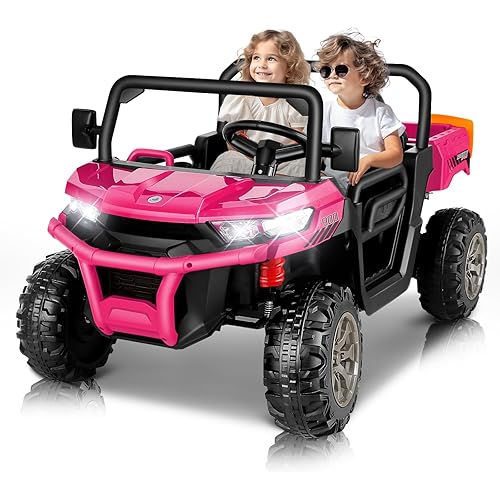 Hikole 2 Seater Ride On UTV Car for Kids, 24V Power Wheels Electric Dump Truck w/Remote Control, 2X200W Motors, Electric Dump Bed, Shovel, Bluetooth, 24 Volt Ride On Toys for Big Kids Girls, Pink