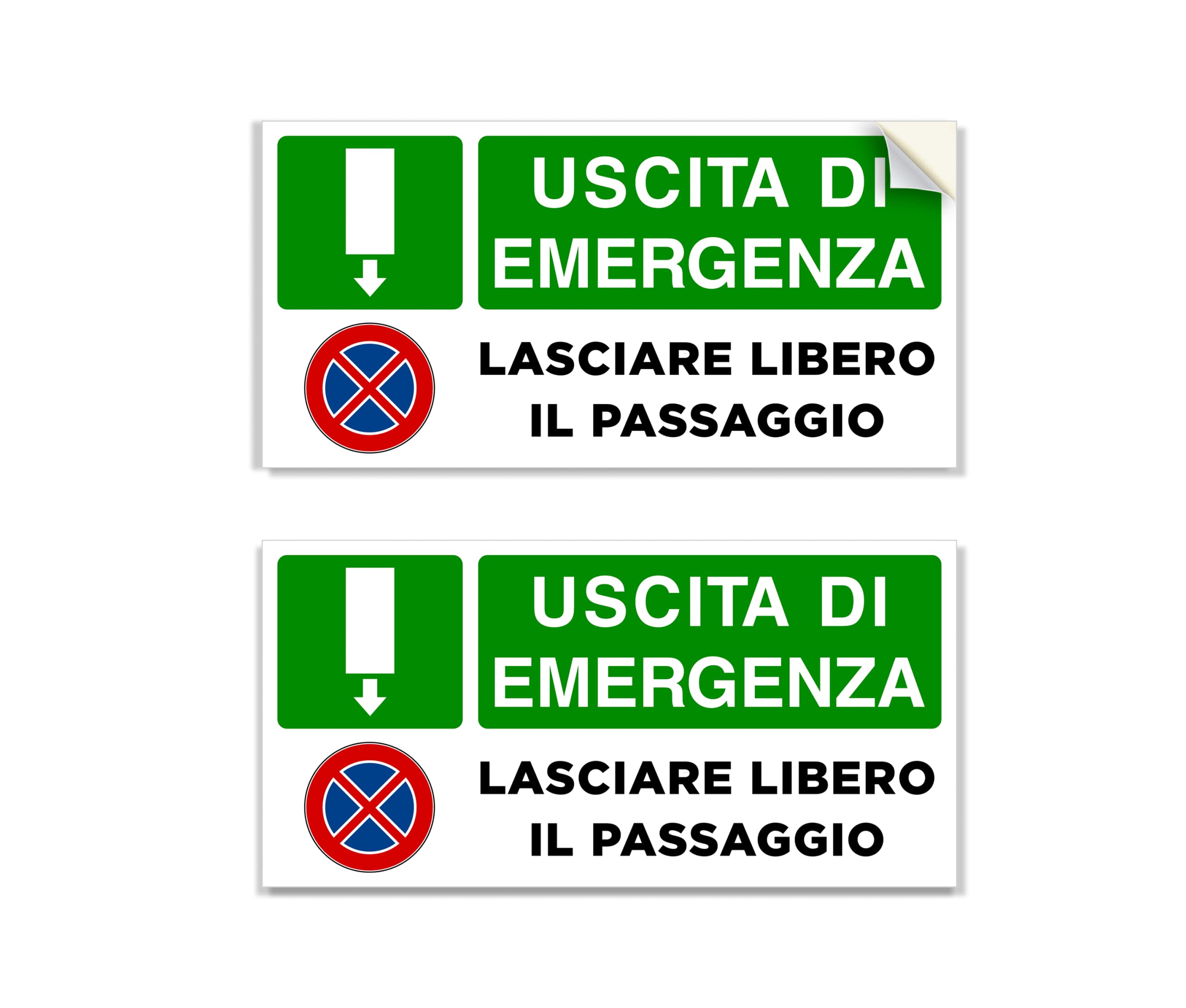 2 Cartelli adesivi in vinile per Uscita di Emergenza Lasciare Libero il Passaggio, dimensioni: 30x15 cm, con simbolo divieto di sosta e di fermata.