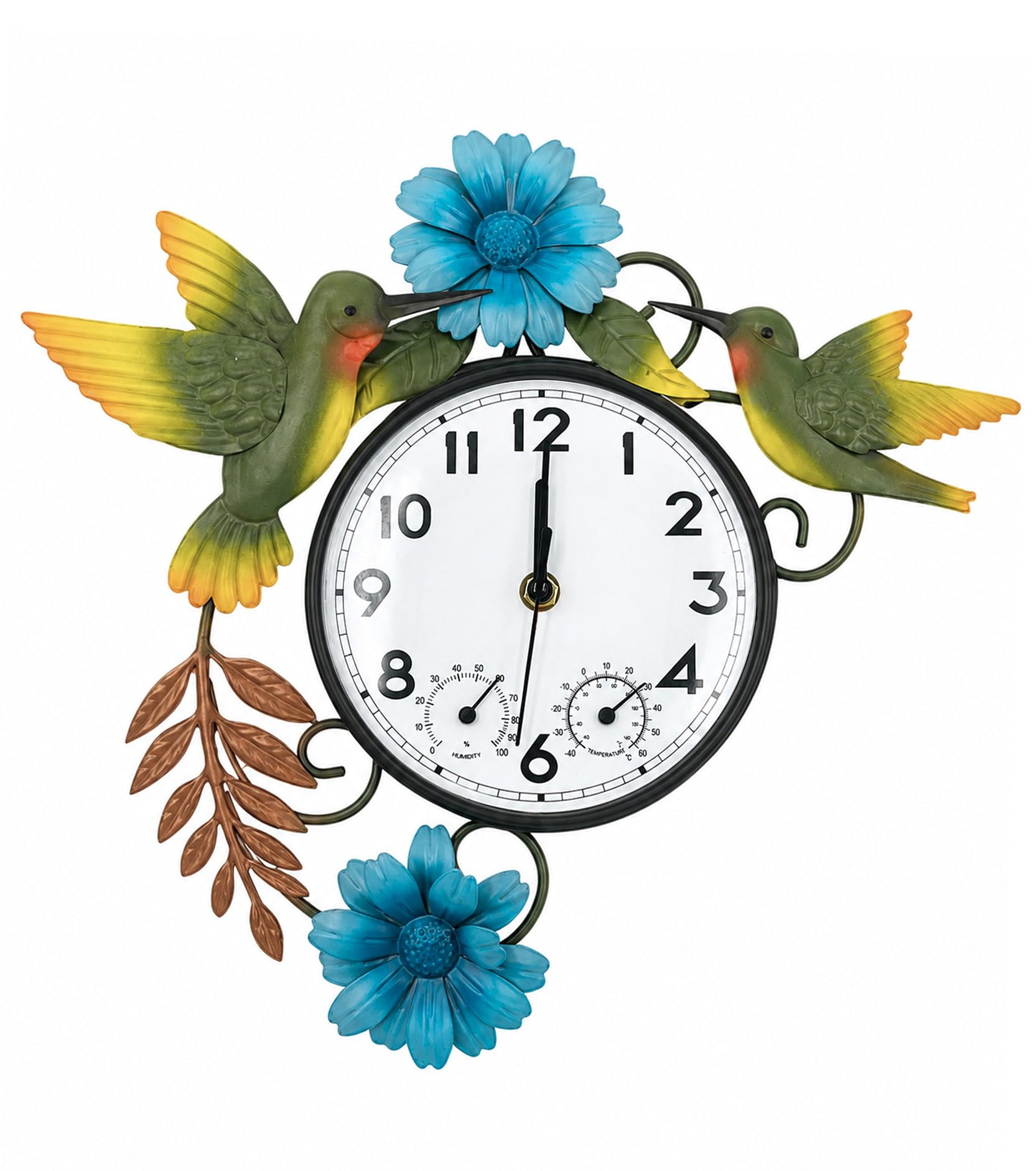 Twirleternity Outdoor Clock with Thermometer and Hygrometer Combo, Silent Non-Ticking Outside Clocks for Patios Waterproof, Metal Decorative Wall Clock for Living Room Garden, Blue Daisy & Hummingbird