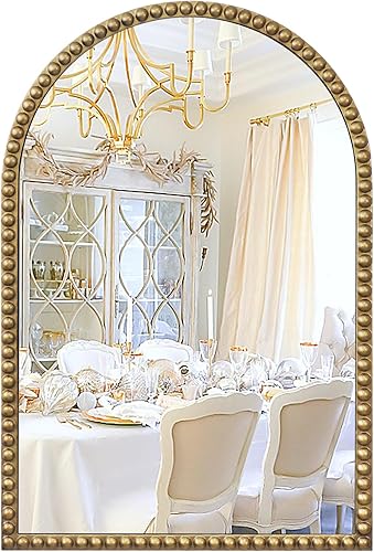 Espejo de pared de arco con marco de cuentas, espejo de baño dorado de 24 x 36 pulgadas, espejo decorativo adornado para sala de estar, baño,