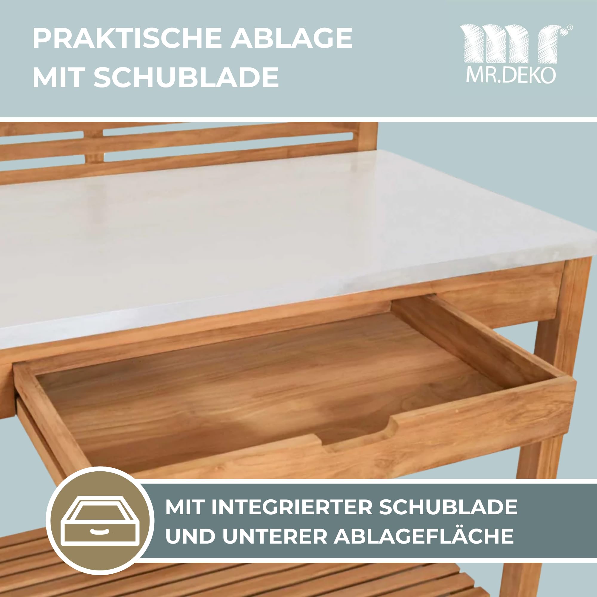 MR. DEKO Pflanztisch Hampton Teakholz mit Schublade | Gartentisch Verzinkte Arbeitsplatte Wetterfest | Umtopftisch Garten-Bar | Outdoor-Arbeitstisch Stauraum-Regal | Pflanztisch 115x66x124cm