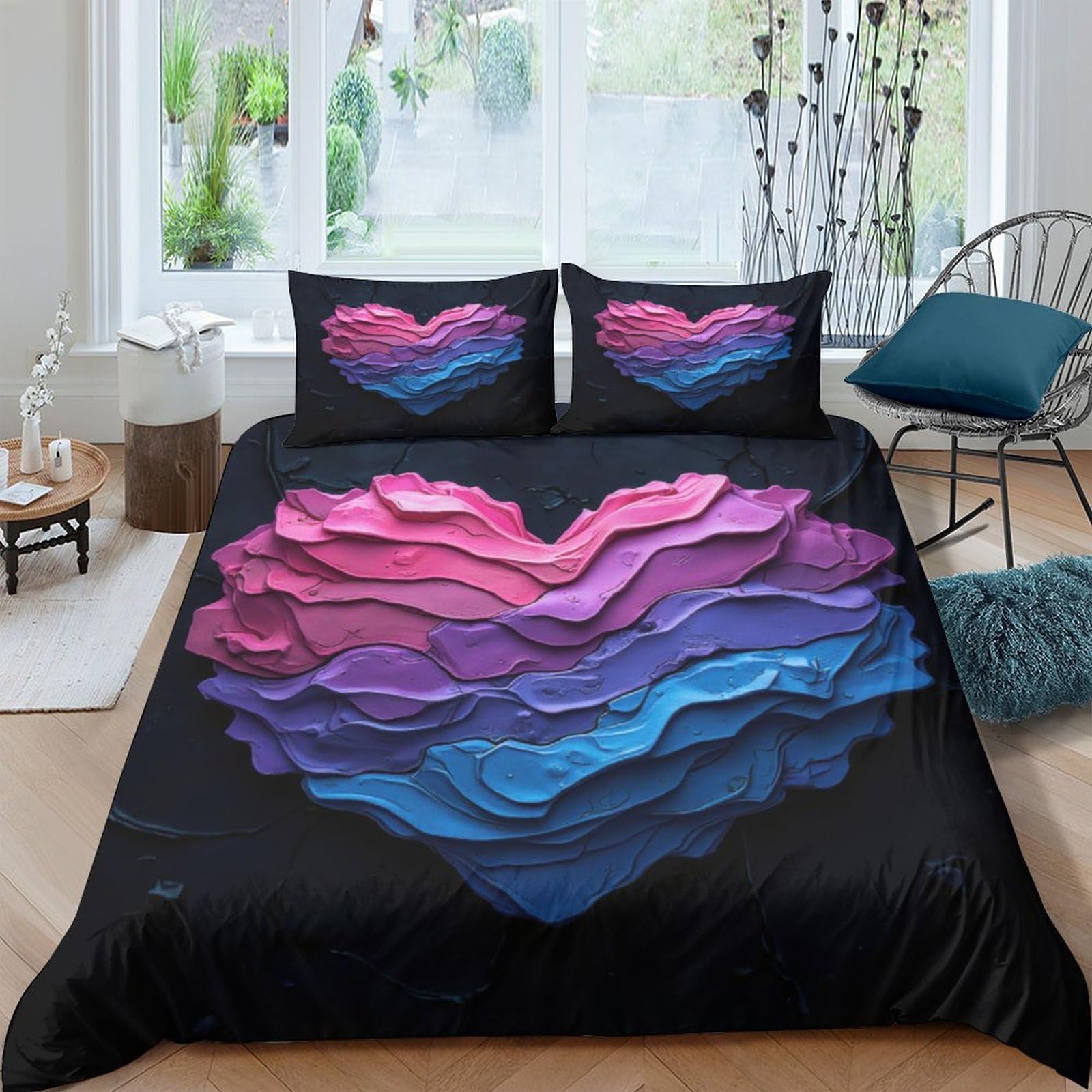 GPLZQXKJNH 3D Printed Gradient Heart Duvet Cover Set Microfiber Soft Breathable Bedding with 2 Pillowcases for Bedroom Decor Single（135x200cm）