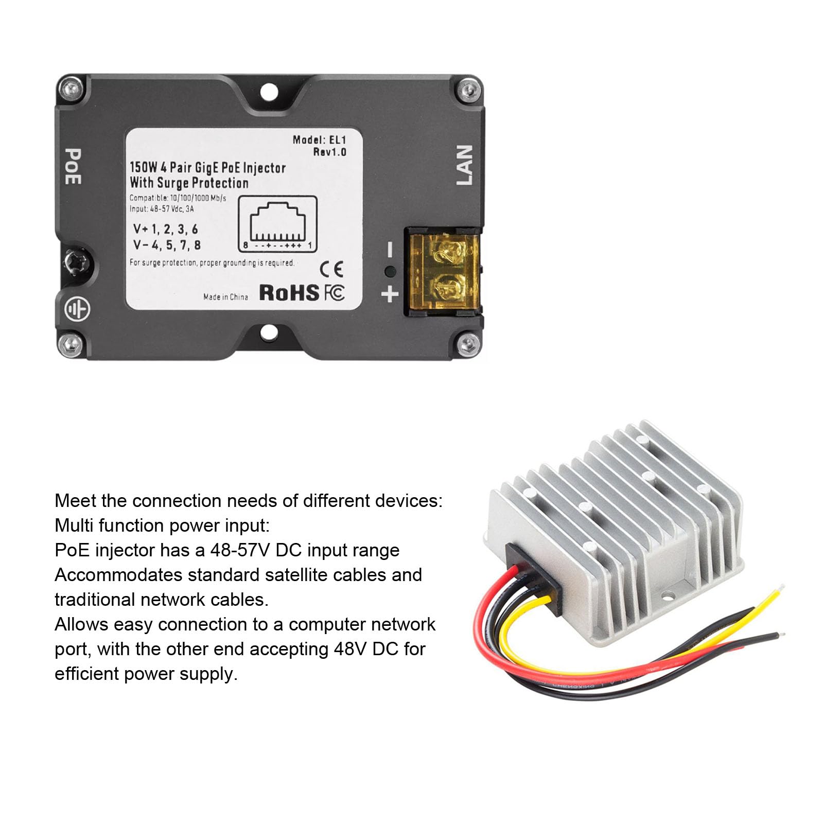 Cryfokt Inyector PoE, 3A 150W GigE Pasivo ABS con Protección contra Sobretensiones ESD y Convertidor Elevador de CC de 12V a 48V, para el Kit de INT