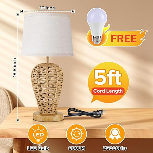 Miniatura 5 de Lámpara de mesa bohemia con control táctil, lámpara de mesa de noche de ratán regulable de 3 vías con bombilla LED para dormitorio, sala de estar,