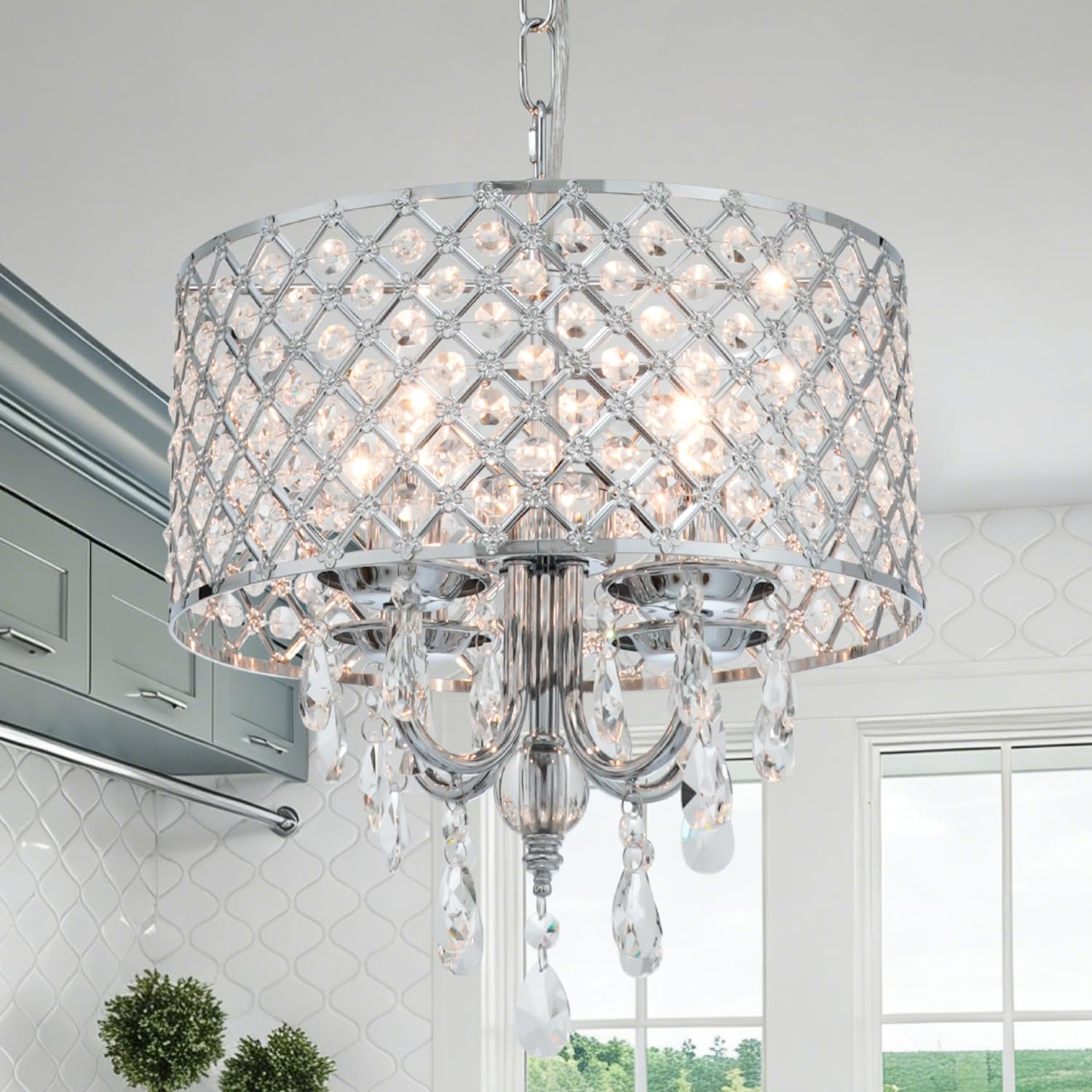Modern Crystal Chandelier Chrome French Country Pendant Light Small Hanging Ceiling Light Fixture Drum Shade for Bedroom, Kitchen Island, Girl Room, Dining Room 4-Light