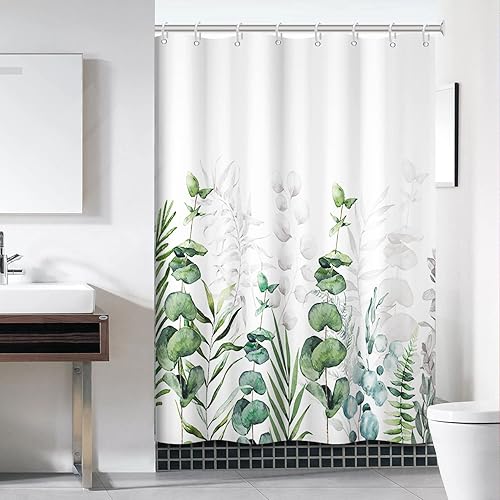Miniatura 25 de Cortina de ducha verde salvia con eucalipto, cortina de ducha de tela impermeable con hojas de planta de primavera, cortina de ducha acuarela verde