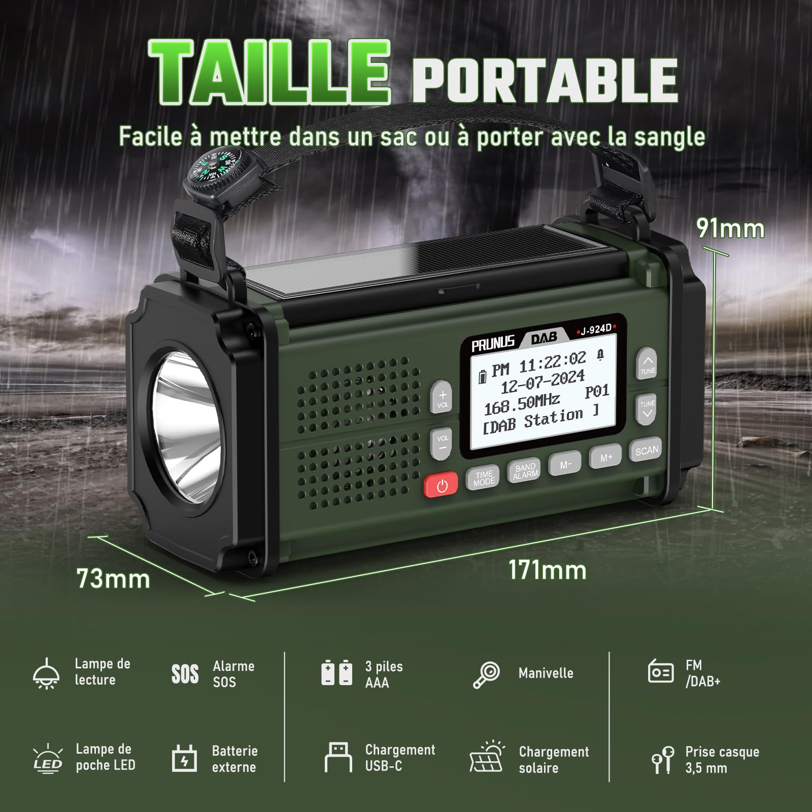 Radio Dab+/FM Portable, Prunus J-924 Solaire Dynamo 10000mAh, Radio Survie avec Piles et Manivelle, Panneau Solaire, Réveil, Chargeur USB-C, Lampe de Poche et Lecture, Alarme SOS d'urgence
