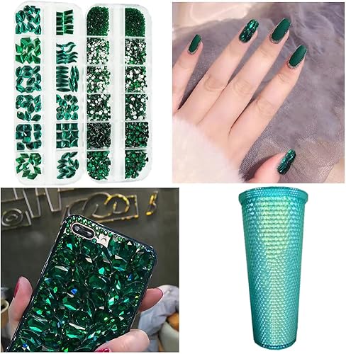 Miniatura 5 de 2680 gemas de uñas de diamantes de imitación verde esmeralda, 120 dijes de uñas grandes de color verde oscuro con cuentas redondas de parte trasera