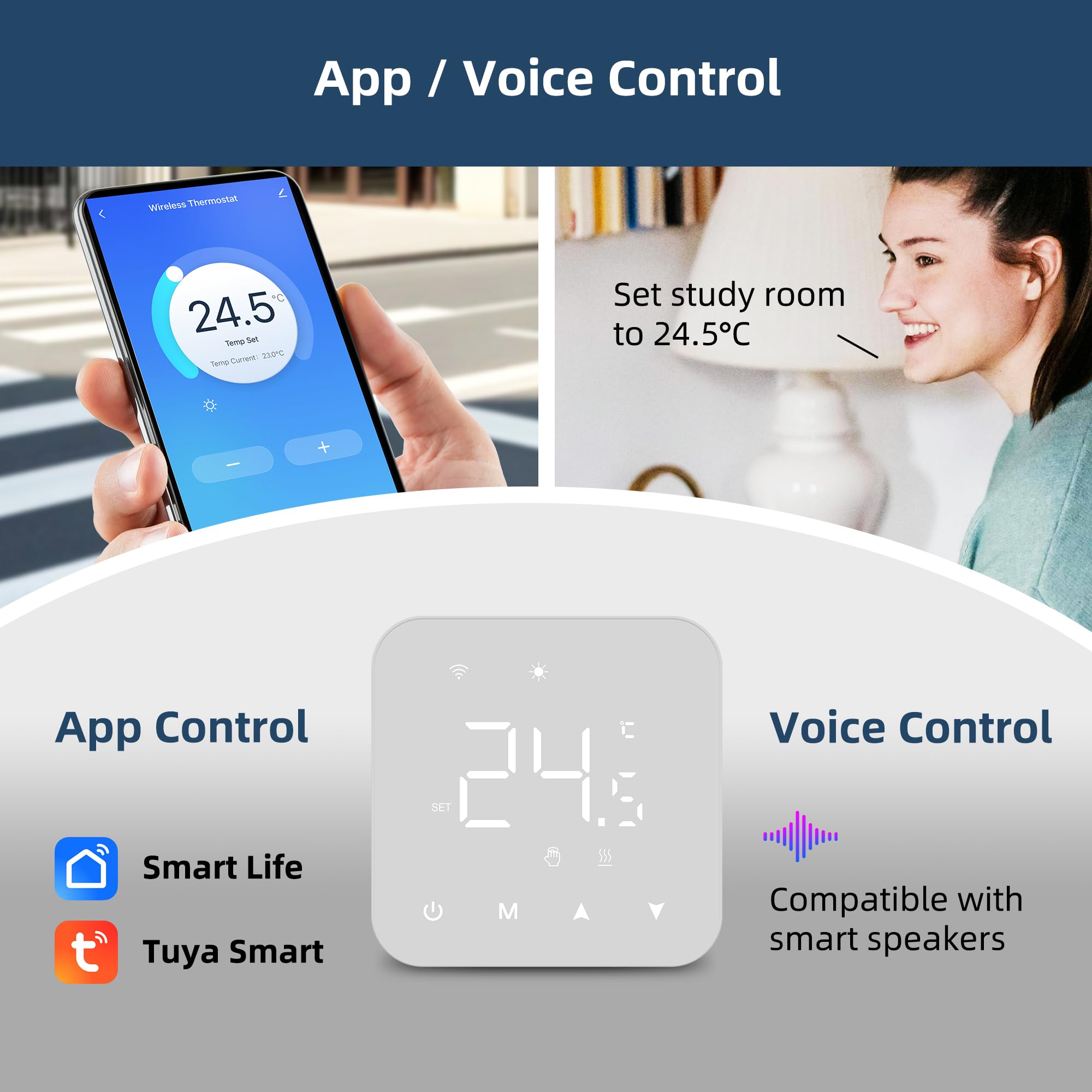 2-przewodowy termostat Wi-Fi. Programowalny codziennie termostat Wi-Fi. Zdalnie sterowany przez TUYA lub Smart Life, kompatybilny z Google Assistant i Alexa.