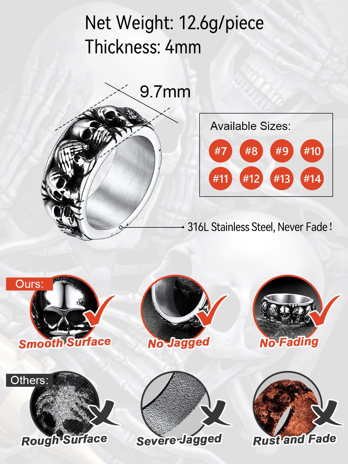 FaithHeart Herren Ringe，Punk Gotik Totenkopf Fingerring,Skull Skelett Ring, Edelstahl Vintage Biker Fingerring, 8 Ringgröße wählbar,Totenkopf Schmuck für Halloween Geburtstag